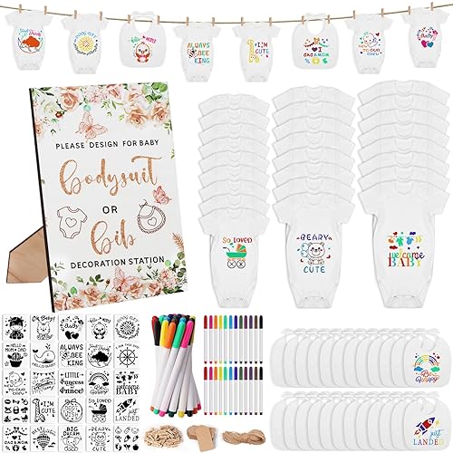 Juego de 201 piezas para baby shower, letrero de juego para baby shower, overol con babero blanco para bebé, overol para recién nacido, kit de