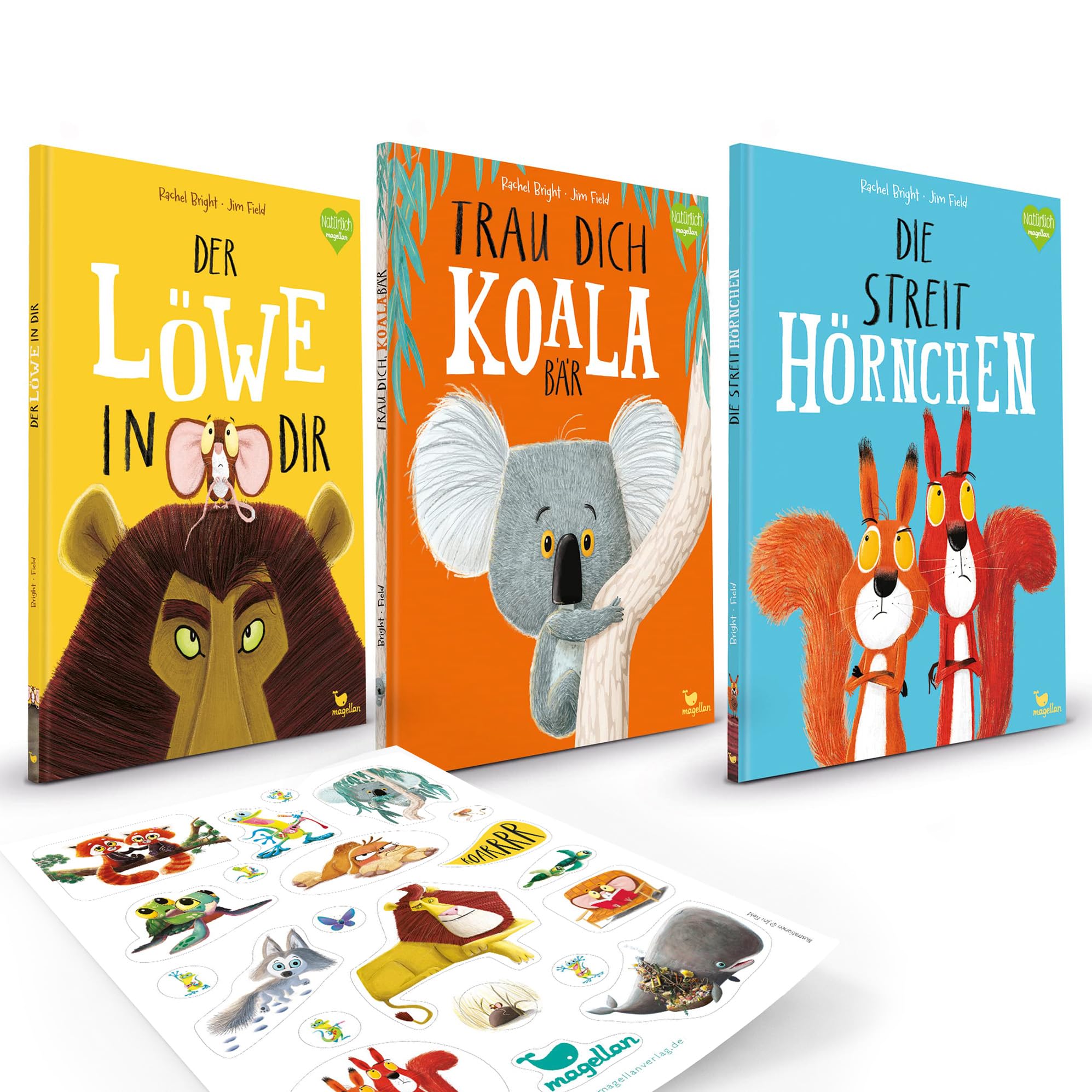 3er Bücher Set: Trau dich, Koalabär, Die Streithörnchen, Der Löwe in dir | Bright/Field, Kinderbücher über Mut, Freundschaft & Selbstvertrauen + exklusives Stickerset - Bilderbuch-Set ab 3 Jahren