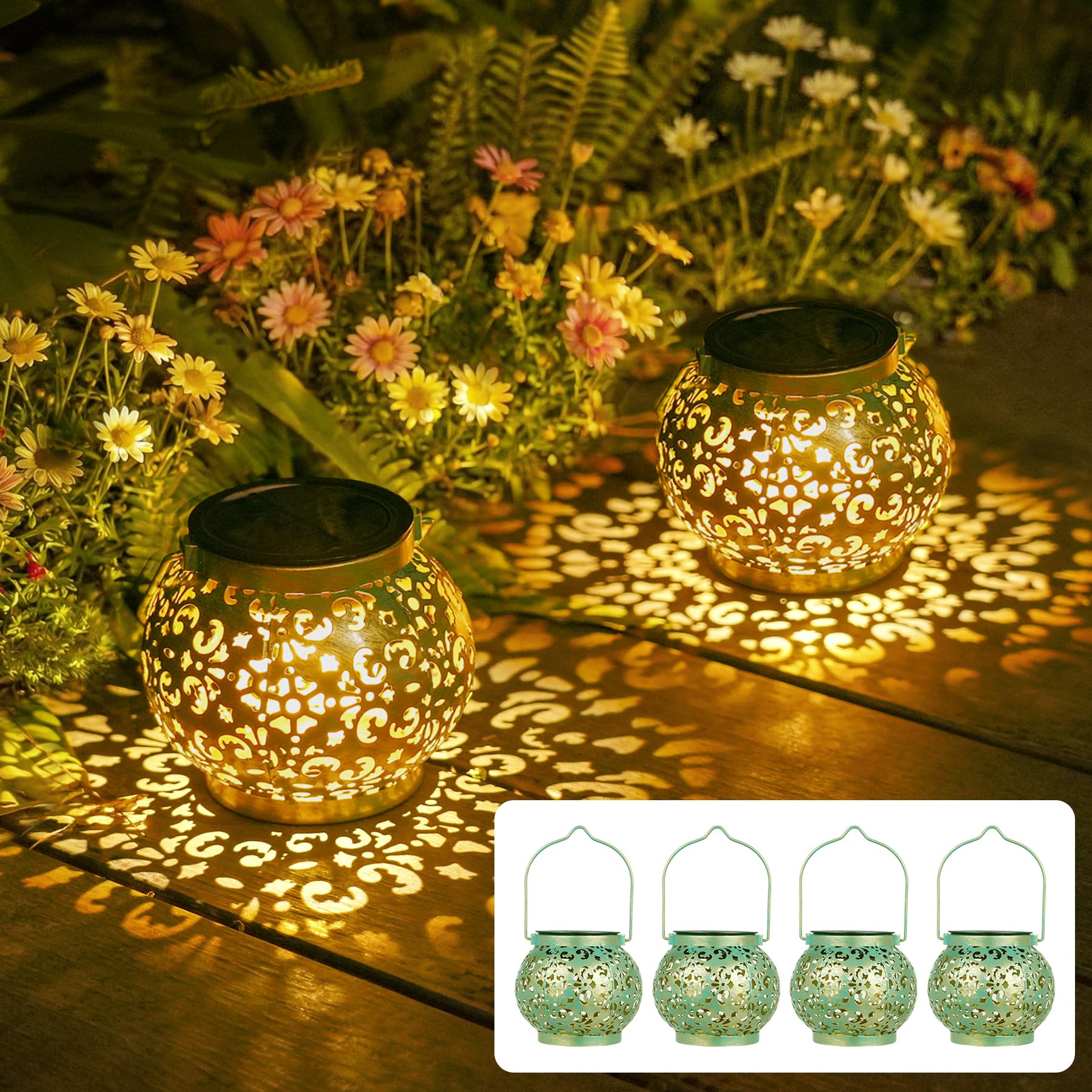 Geschenke für Frauen Mama, 4 Stück Solarlampen für Außen Hängend/Stehen Orientalische, 15LM LED Warmweiß Solarlaterne für Außen Wetterfest IP65, Vintage solarleuchte Outdoor für Draußen Patio Baum