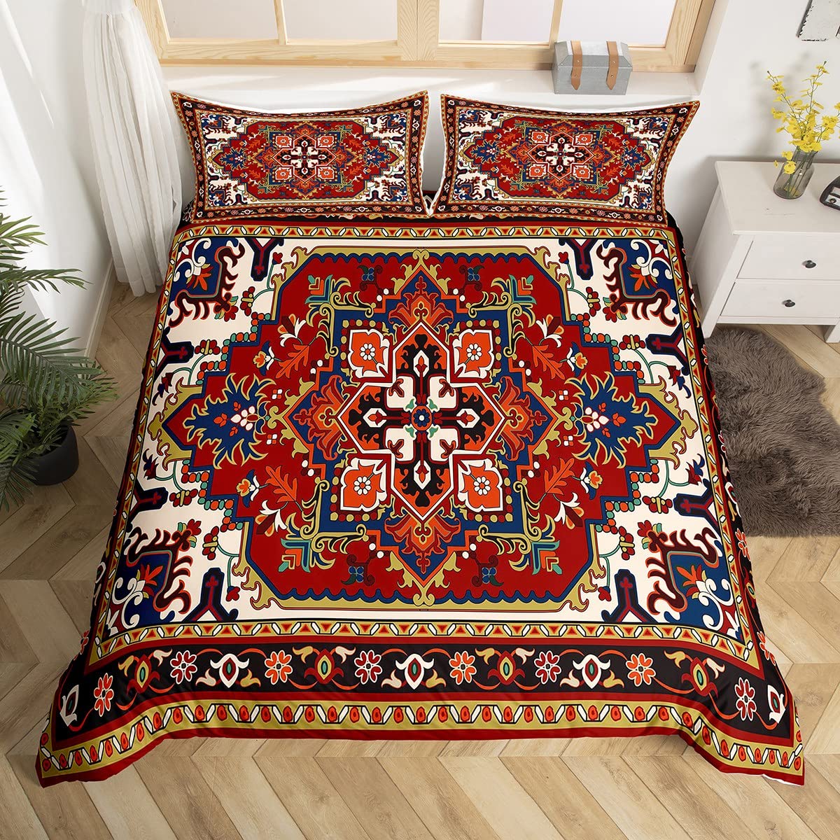 Homewish Oriental Floral Comforter Cover Vintage Flower Bed Set For Teens Adults Medallion Duvet Cover King Retro Aesthetic Bedding Set Boho Paisley Bedspread Cover Microfiber