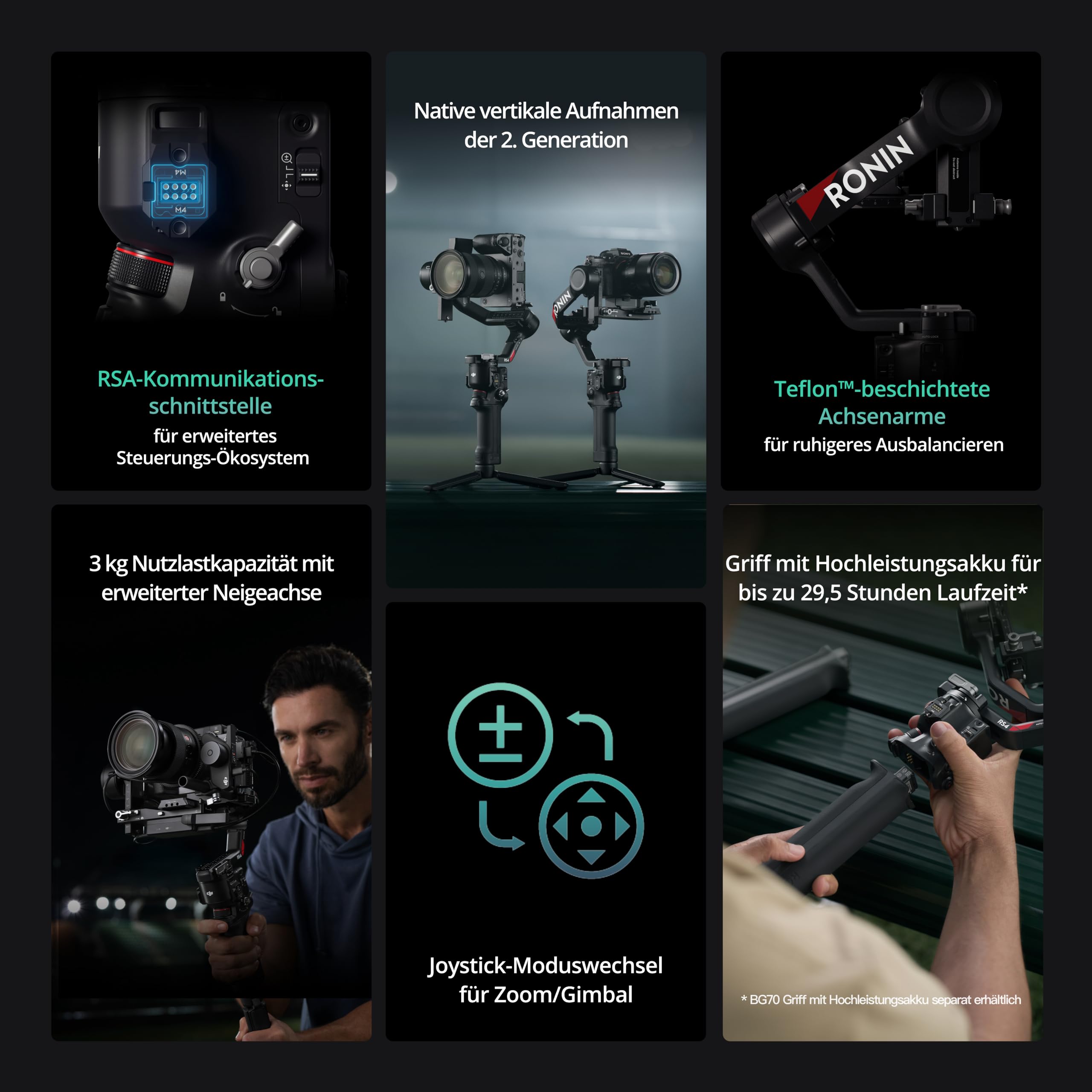 DJI RS 4, 3-Achsen Gimbal-Stabilisator für DSLR- und spiegellose Kameras Canon/Sony/Panasonic/Nikon/Fujifilm, Autom. Achsensperren, 2-Modus-Joystick, Teflon-Achsenarme, Kamera-Gimbal