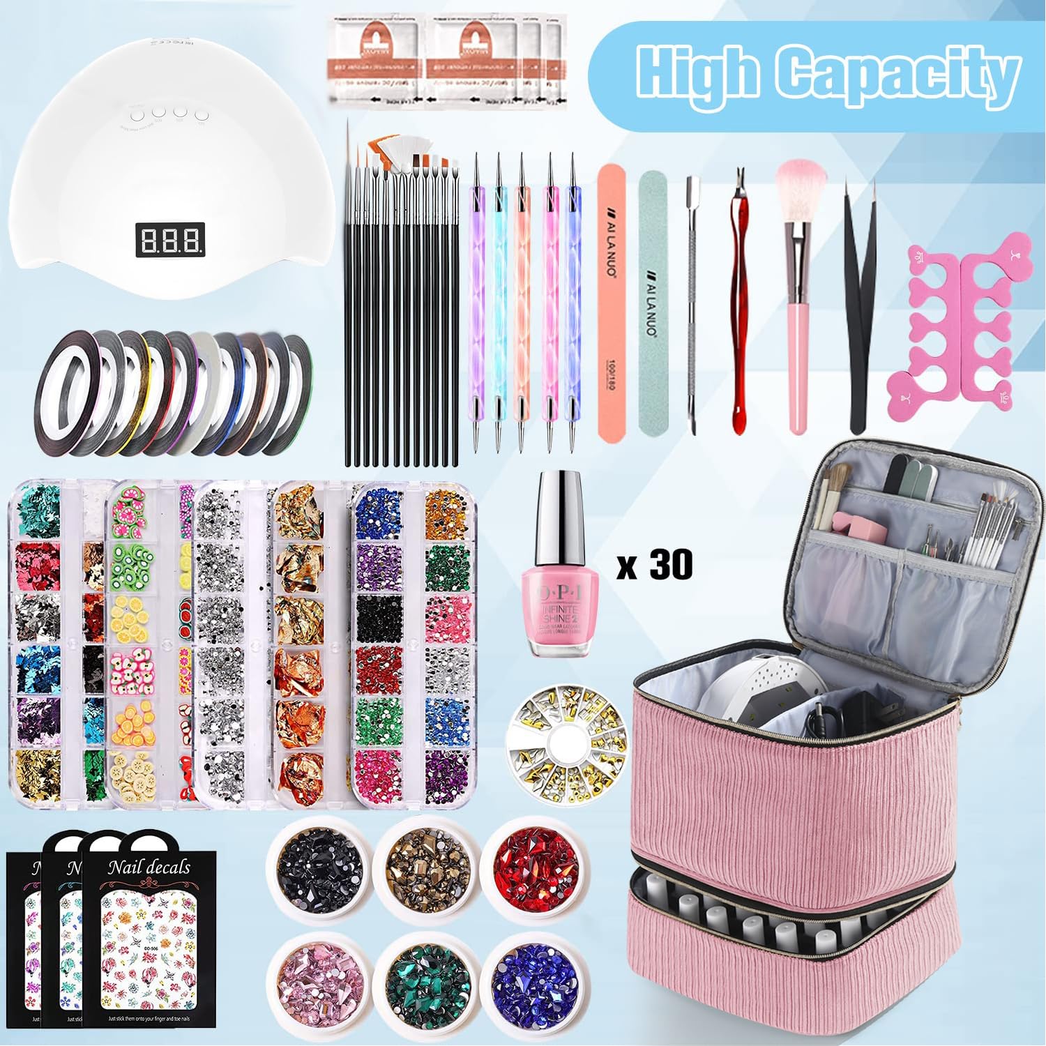 Nail Polish Organizer Holds 30 Bottles (15ml) and 1 Nail Light Nail Polish Carrying Case with Storage Pockets for Manicure Tools Double Layer Storage Travel Bag (Corduroy-Pink) - Image 2