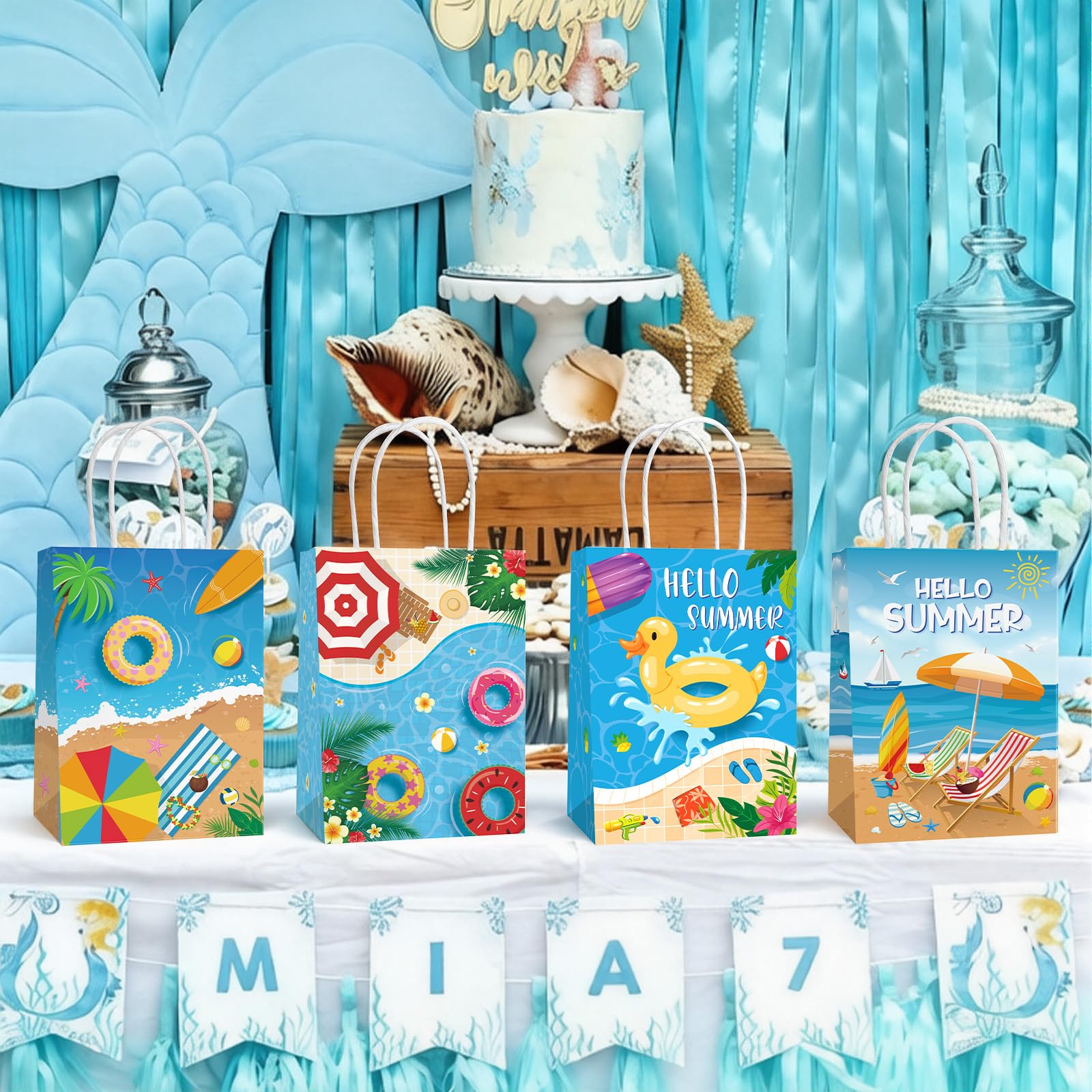 Hxezoc 12 Pieces Beach Party Gift Bags with Handle, Paper Treat Candy Bag Summer Pool Favor Bags for Hawaiian Theme Festival Luau Beach Party Decoration Supplies