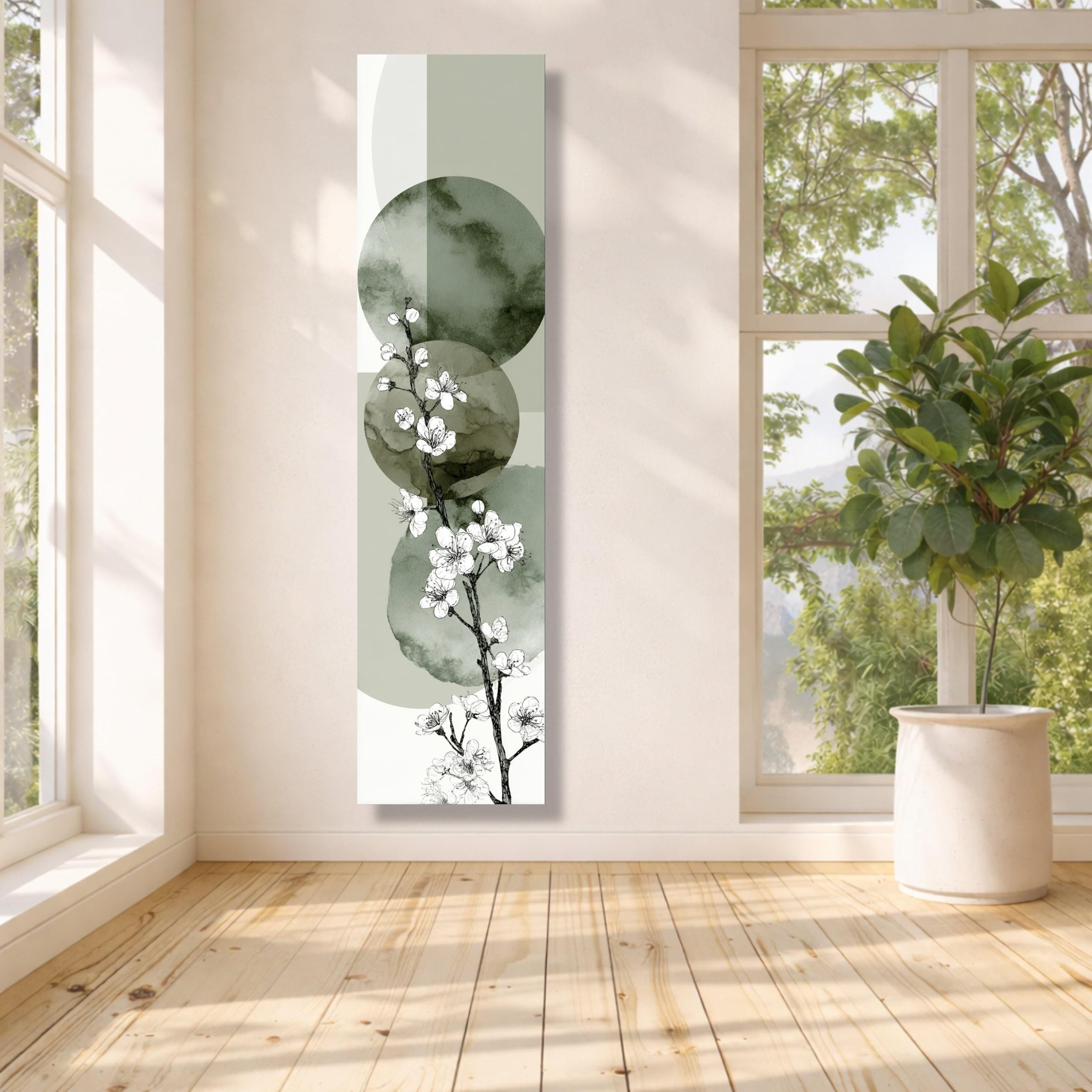 CAOXTART Long Narrow Minimalist Cherry Blossom Canvas, Botanical Wall Art, Floral Design Painting, Ready to Hang Home Decor(35x105cm/Frameless)
