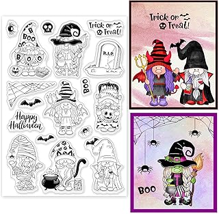 INFUNLY Gnomes Stamps Happy Halloween Clear Stamps for Card Making Skeleton Transparent Stamps Spider's Web Bats Rubber Stamps for DIY Scrapbooking Pumpkin Stamps for Crafts Photo Album Decorations