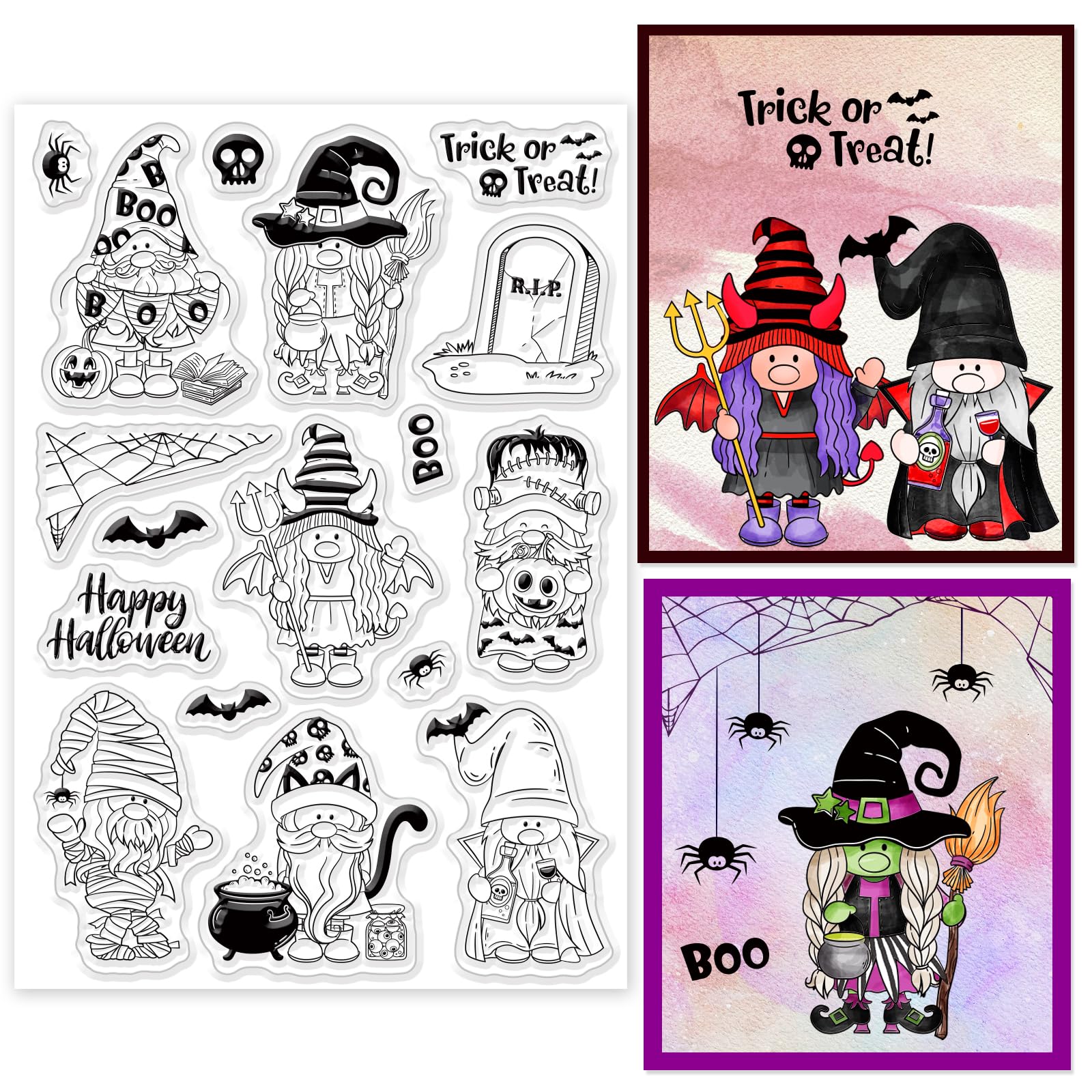 INFUNLY Gnomes Stamps Happy Halloween Clear Stamps for Card Making Skeleton Transparent Stamps Spider's Web Bats Rubber Stamps for DIY Scrapbooking Pumpkin Stamps for Crafts Photo Album Decorations — image 1