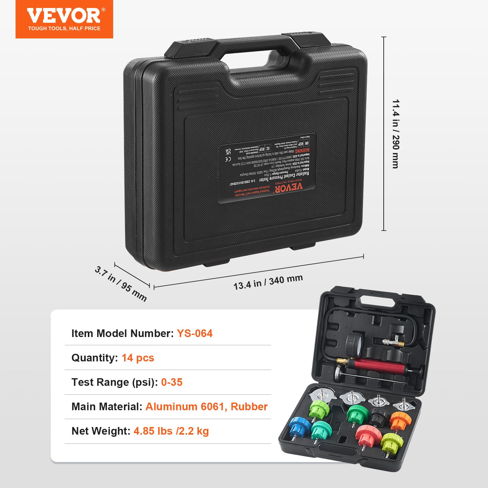VEVOR Kit Tester Universale per Pressione di Sistema Raffreddamento del Radiatore con Adattatori per Pompa a Mano Tappi Codificati a Colori, Strumenti per Pressione con Valigetta per Auto Moto Camion
