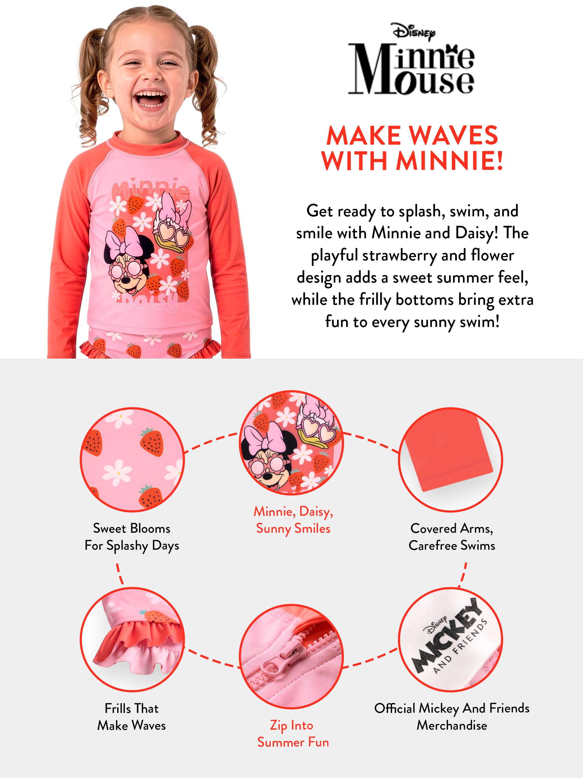Disney Minnie Mouse Bañador Piscina Niña 2 Piezas, Bañador Natacion Niña Manga Larga, Traje De Baño Niños con Minnie & Daisy