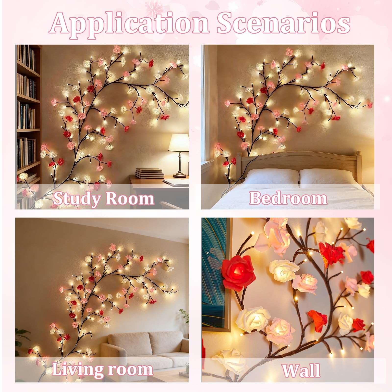 Luci LED a forma di ramo di albero da parete, luci a LED a forma di ramoscello con 96 luci a LED a forma di fiore e alimentazione USB, 8 modalità di illuminazione per interni, decorazione per