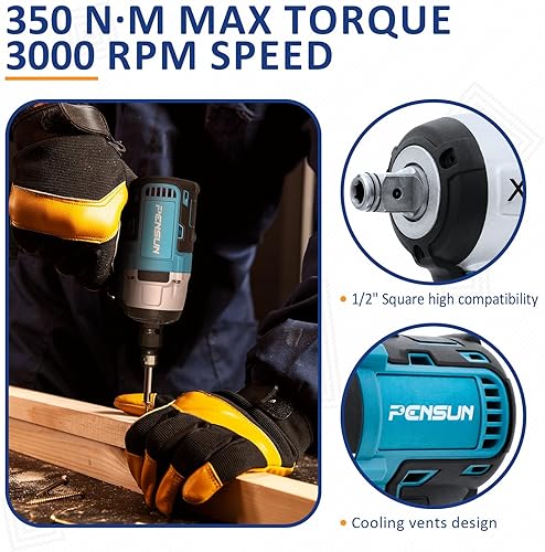 Miniatura 3 de PENSUN Llave de impacto inalámbrica con luz de trabajo, 3000 RPM y par máximo de 260 pies-libras, llave de impacto sin escobillas, pistola de