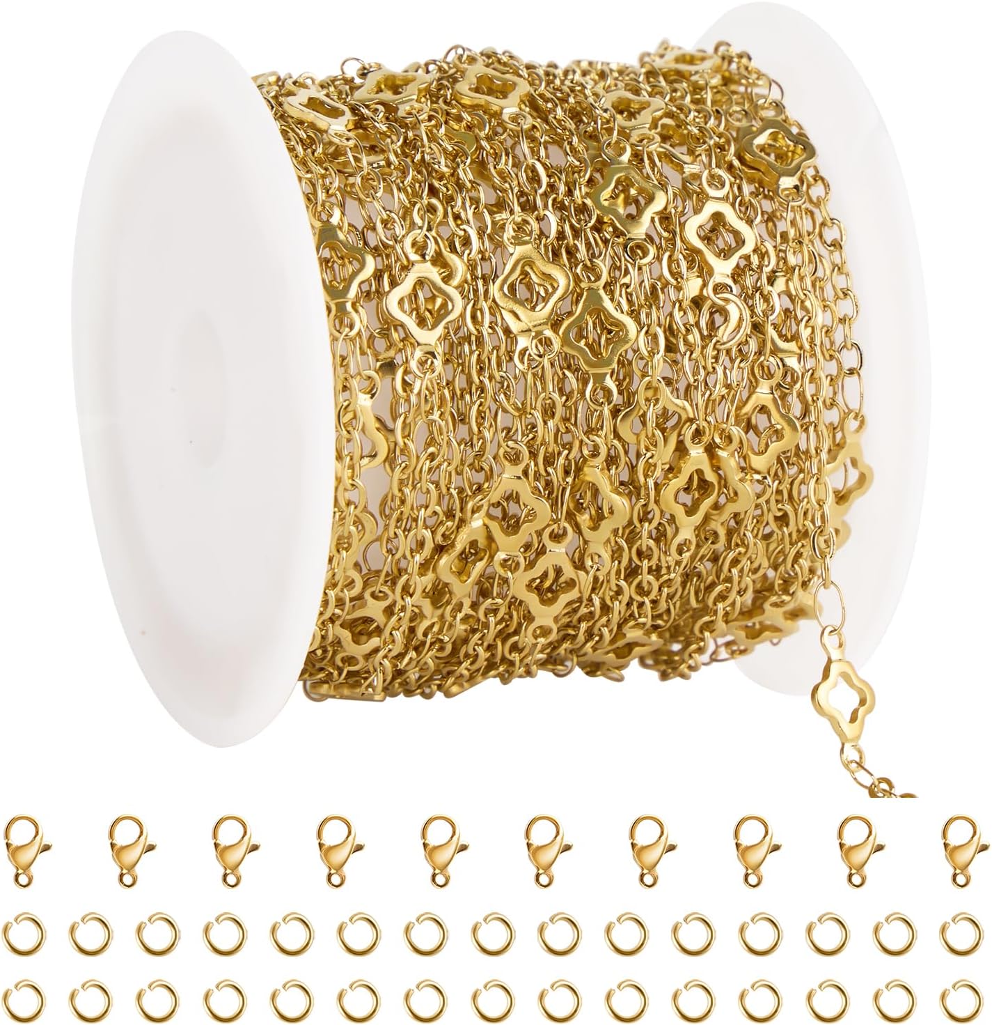 GTVOODX Gold Plated Four Leaf Clover Chain for Permanent Jewelry Making 5 Meters Stainless Steel Cable Chain Spool Bulk for DIY Bracelet with 10 Lobster Clasps and 30 Jump Rings