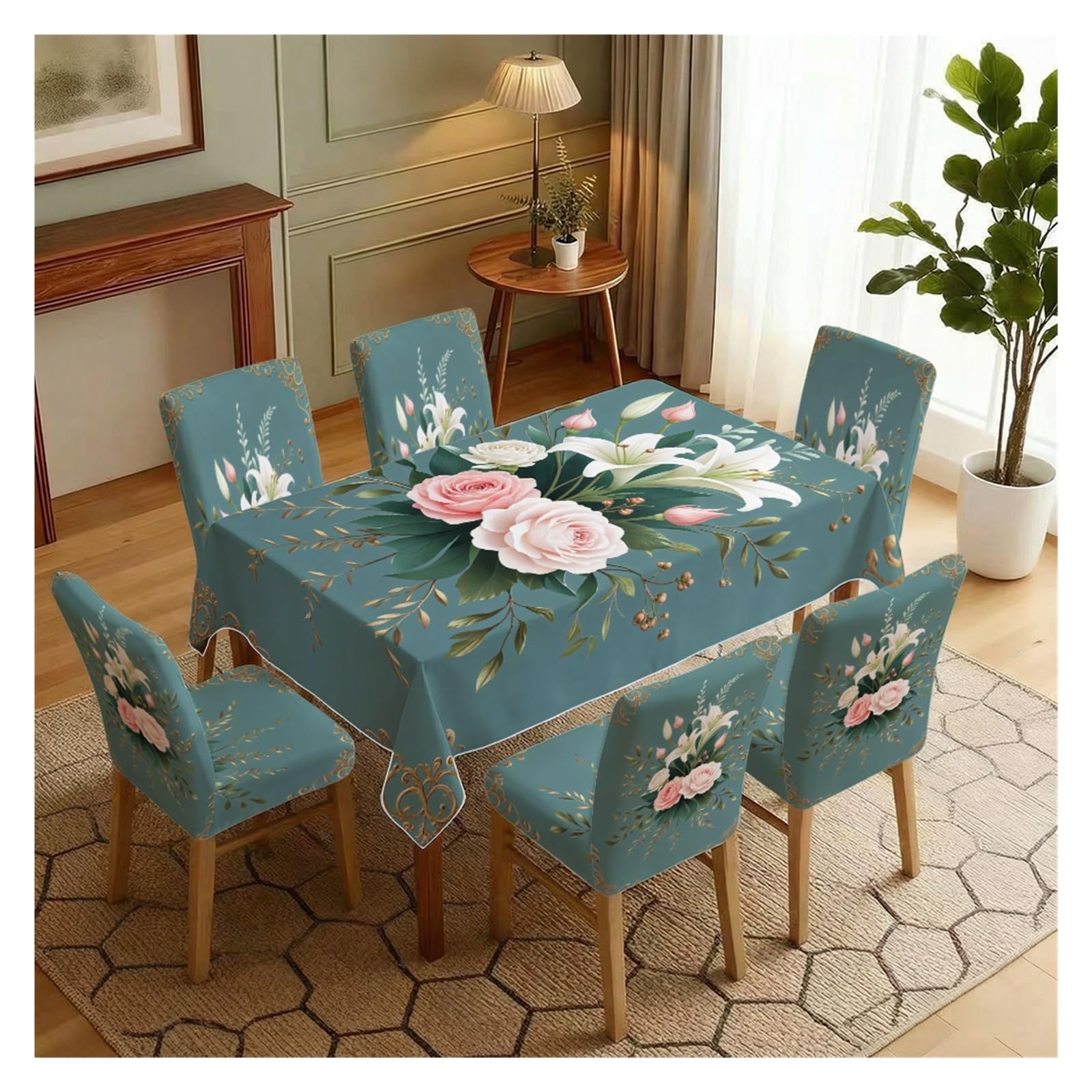 KXUAUV Stretch Dining Chair Slipcover & Tablecloth Set, Teal Base Lily Rose Golden Ornate Print, 5/7 Pack, Luxury Elegant Home Decor Party Decor(7pcs Set: Tablecloth+Chair Covers)