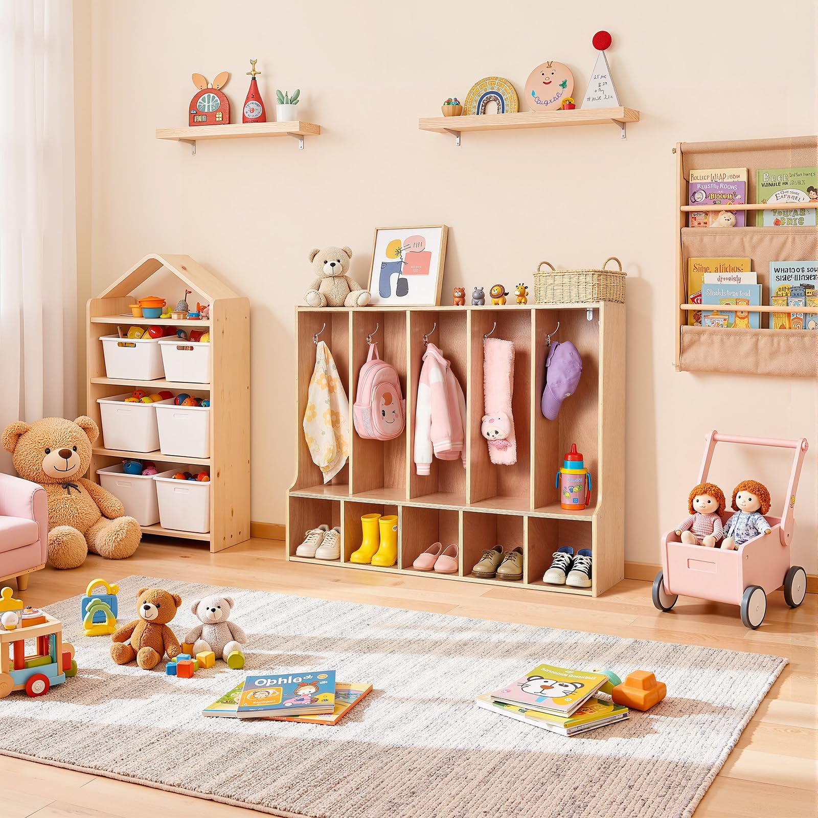 VEVOR Vestiaire 5 Enfants Ouvert, Penderie pour Enfants en Bois, Rangement pour Crèche Maternelle Garderie Maison, Meuble d'accueil Scolaire avec Casiers à Manteaux et à Chaussures, 10 Crochets