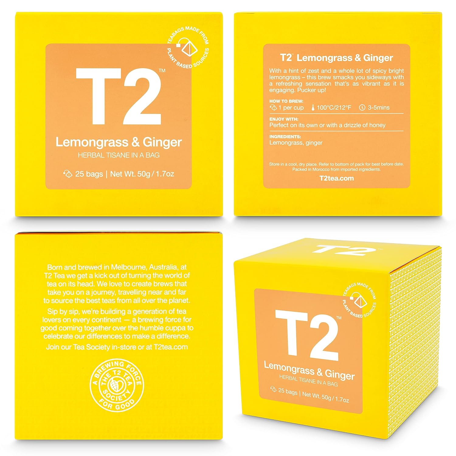 T2 Tea Lemongrass and Ginger Herbal Tea Bags in Box, 25-Count