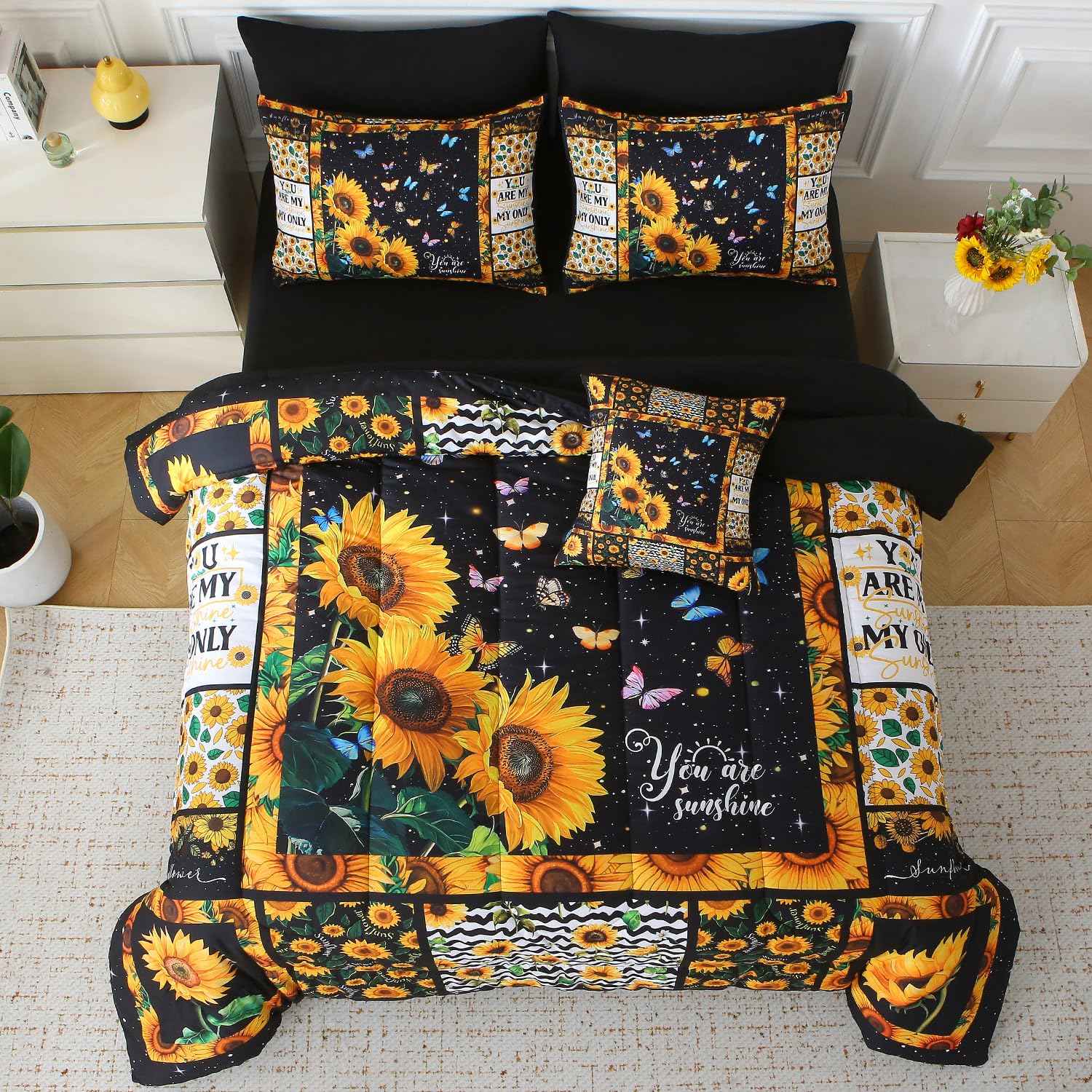 JQinHome Sunflower Comforter Set Twin for Girls Women,6 Piece Bed in A Bag 3D Black Sunflower Theme Butterfly Bedding Set with Sheet Set(Black)