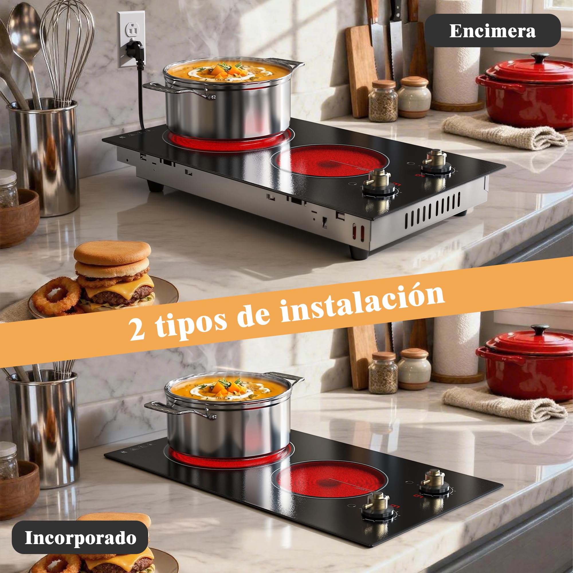 Karinear Placa Vitrocerámica de 2 Fuegos con Enchufe, Vitroceramica con Doble Mando Giratorio, Placa Eléctrica Independiente, Empotrable o Móvil, 220-240 V, 30 CM, 3000 W
