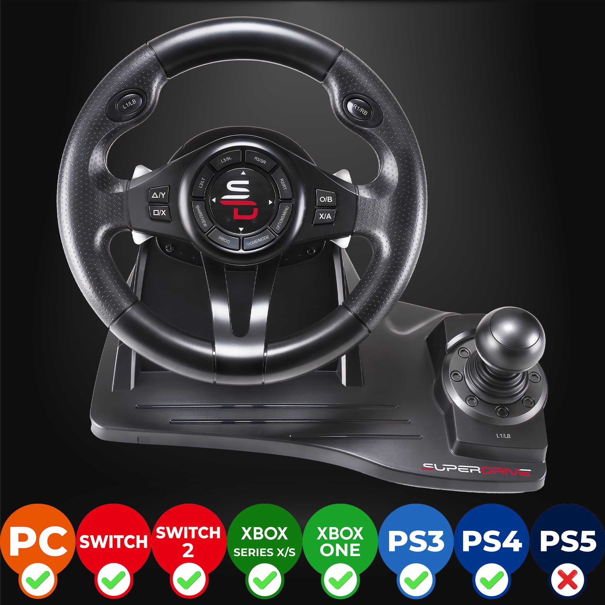 Subsonic - Volante Superdrive GS550 - Volante de carreras con Palanca de Cambios, Levas y Pedales. Rotación de 270° y Vibraciones. Para Switch 2 / Switch, PS4, Xbox Series X/S, Xbox One y PC - Negro - 3