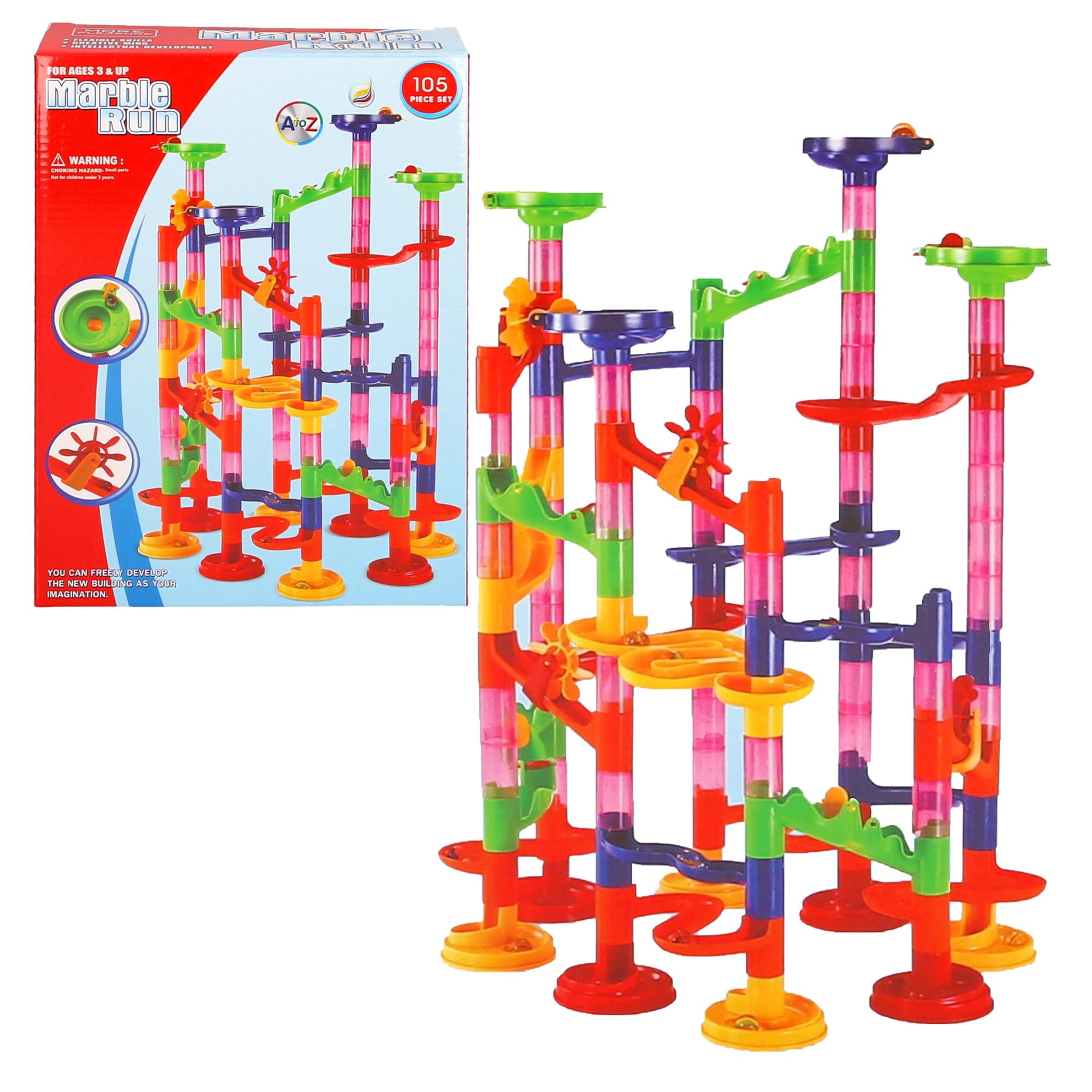 Marble Run Construction Set, 105 Pieces, Building Toy for Ages 3+, Colourful Track with Tubes and Ramps