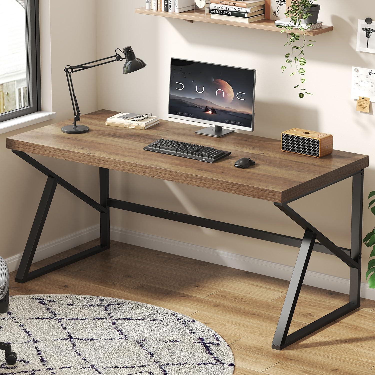 HSH Industrial Home Office Computer Desks, Farmhouse Metal and Wood Desk Computer Table, Simple Bedroom Laptop PC Desks for Student Writing Study Gaming Executive Workstation, Light Oak, 150cm โ image 1