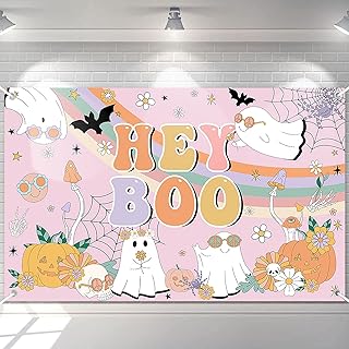 Avezano Halloween Hey Boo Baby Shower Backdrop Halloween Groovy Boho Rainbow Retro Hippie Theme Baby Shower Banner Little Boo Daisy Baby Shower Party Decorations Photo Background 70.8 x 43.3 Inch