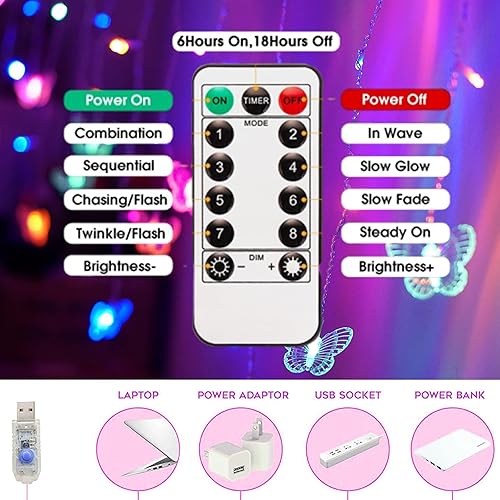 Miniatura 6 de 120 luces LED de mariposa con enchufe USB, 8 modos de 20 pies, alambre de cobre de 20 pies, luciérnaga, tira de luces parpadeantes con