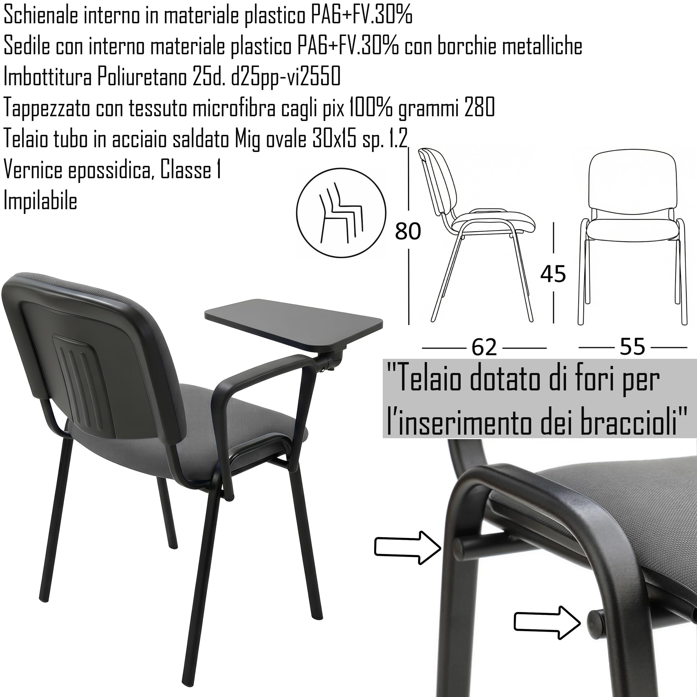Generico Sedia VENERE FISSA SEDIA PER UFFICIO E SALE ATTESA RIUNIONI CON STRUTTURA IN METALLO VERNICIATO e SEDUTA IMBOTTITA RIVESTIMENTO in TESSUTO MICROFIBRA colore GRIGIO