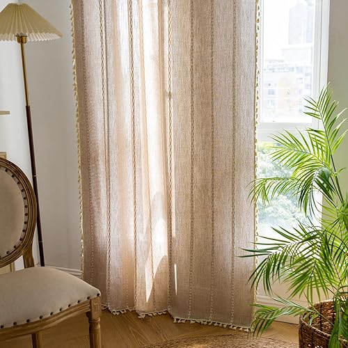 Miniatura 13 de Deeprove Cenefa Bohemia Blanca con Borlas para Decoración de Cocina y Cafetería, Cortinas Cortas de Algodón y Lino Crema Estilo Bohemio Rústico,