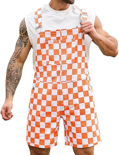 Odefou Checkered Bib Overalls for Men Jumpsuit Shorts Work Coveralls - XX-Large - Orange Checkered