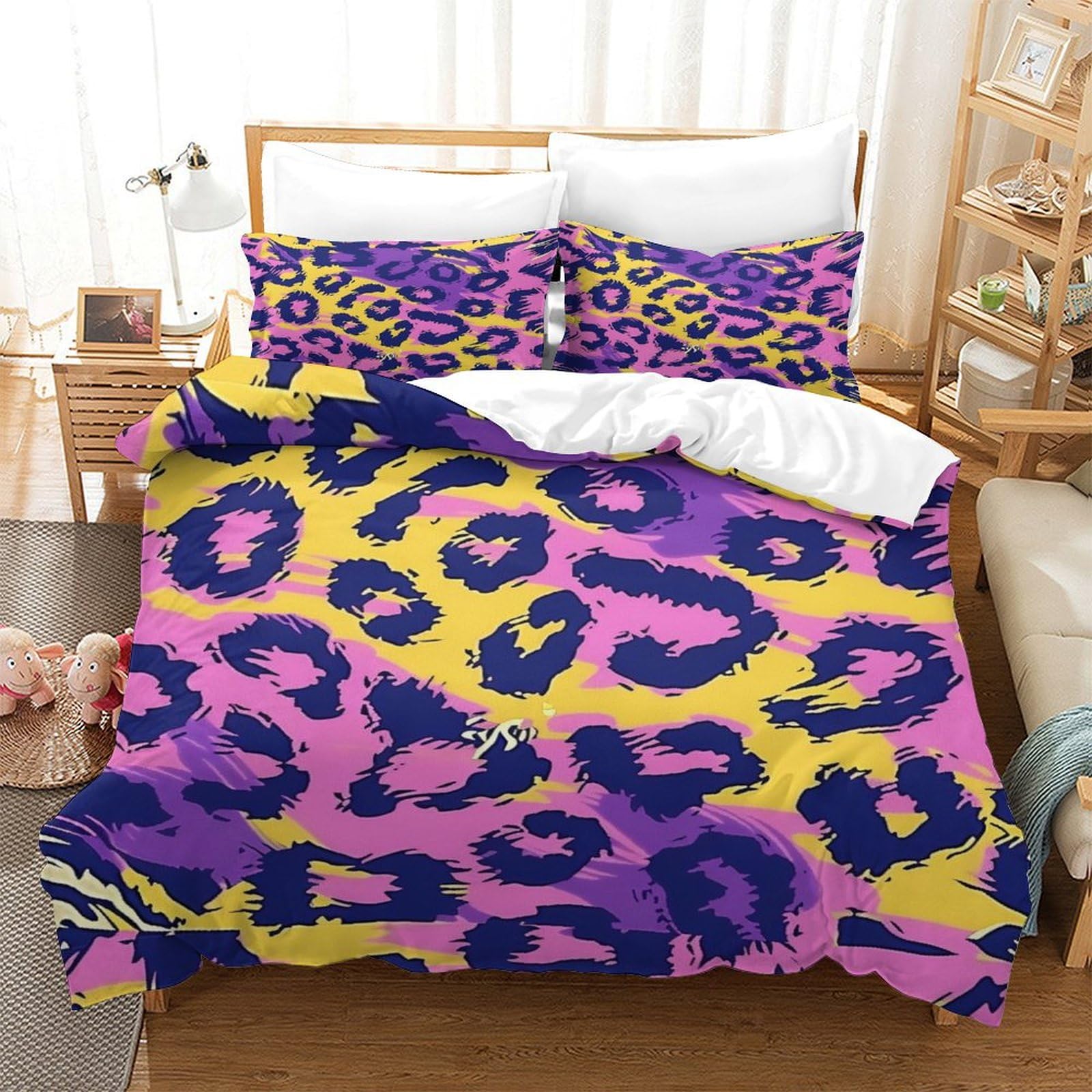P1S9U7W5Y Vibrant Leopard 3D Printed Duvet Cover Set 3pcs Microfiber Animal Print Bedding Set Single（140x200cm）