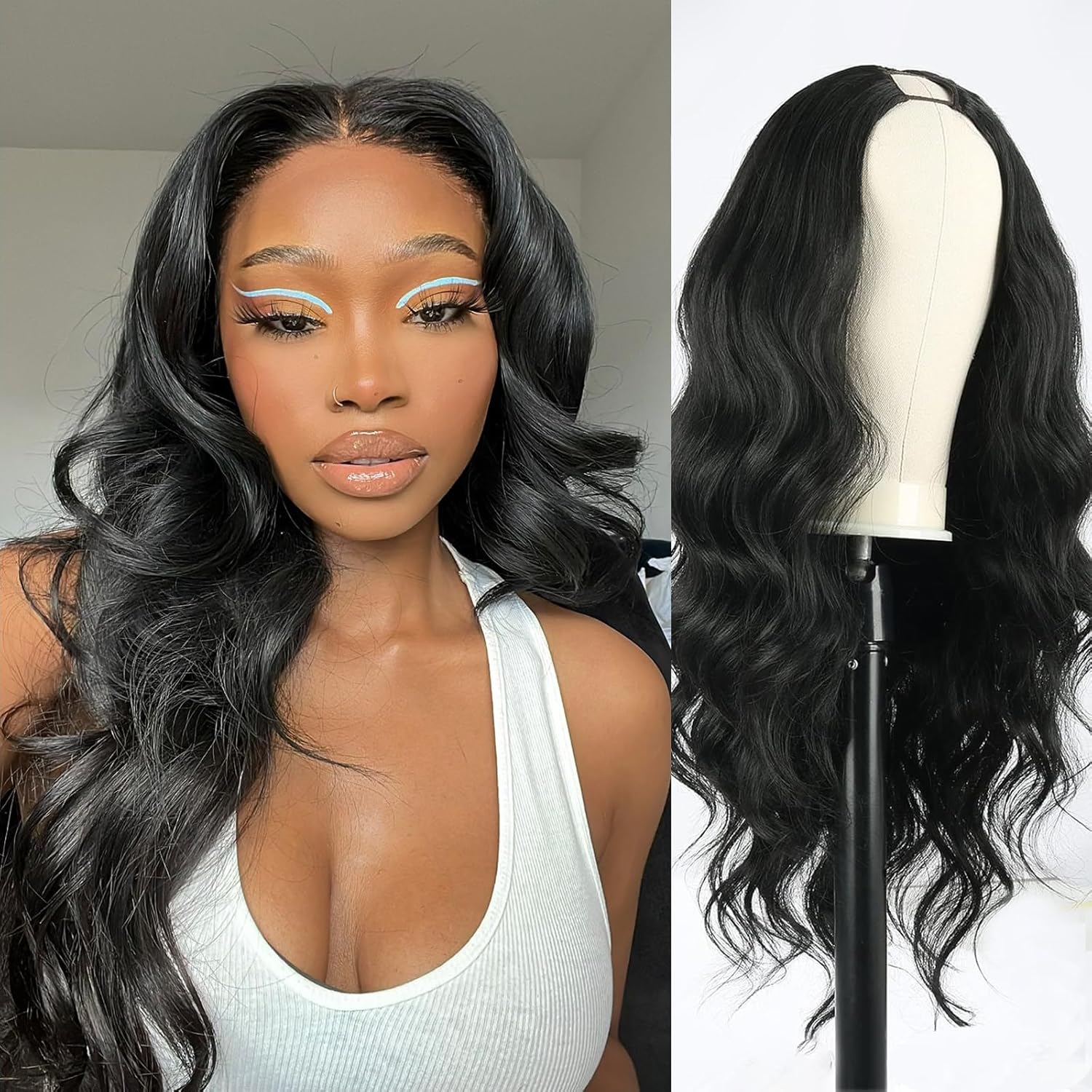 KRSI Black V Part Wig 24" Long Body Wave Synthetic U V Part Half Wigs Glueless Upgrade U Part Wig Glueless Full Head Clip in Hair Extensions for Black Women Boay Wave-#Black 24 Inch