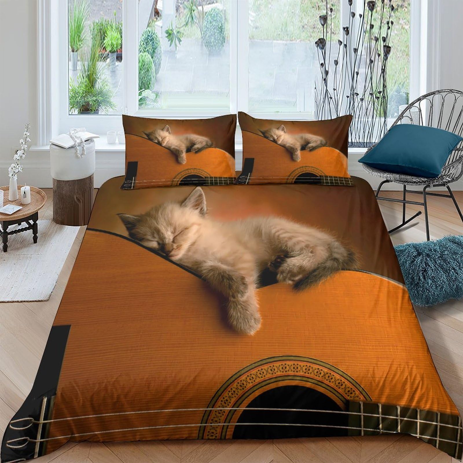 Ctjqhvkz Style-5 3D Printed Sleeping Cat Guitar Fitted Sheet Microfiber Soft Anti-Slip Cute Kitten Bed Cover For Bedroom Dorm Mattress Decor Single（135X200cm）
