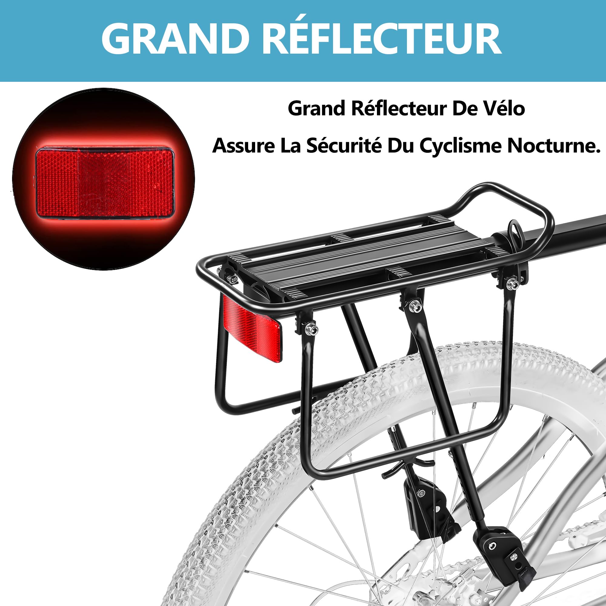 Porte-vélo arrière, Porte-bagages pour vélo, Coussinet souple suspendu, Grands supports de protection et réfléchissants, Réglable, Universel, Convient aux cadres de vélo de 24" à 29", BCR09-EU