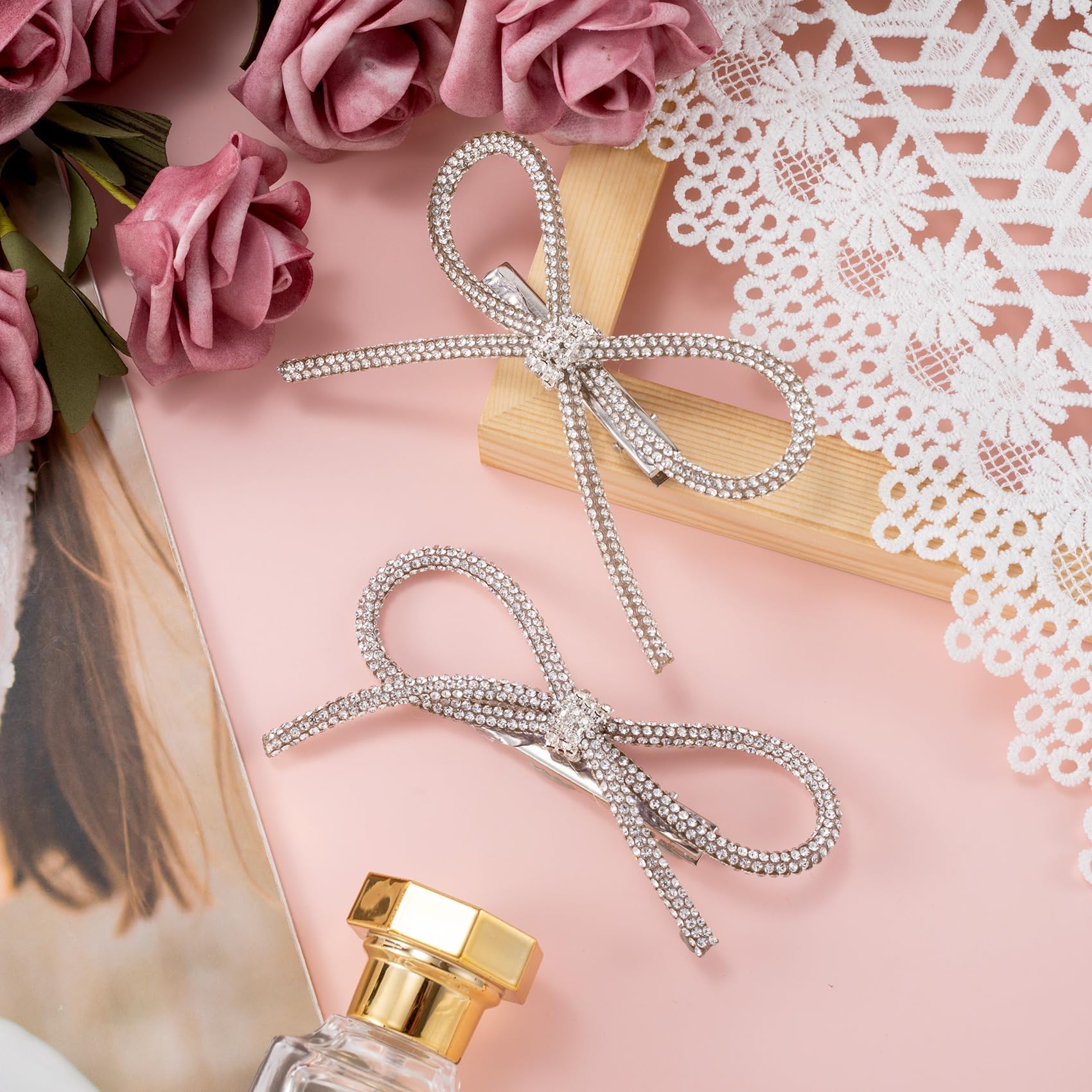 Bow Crystal Barrette Clip, 2 Pieces Crystal Rhinestone Bowknot