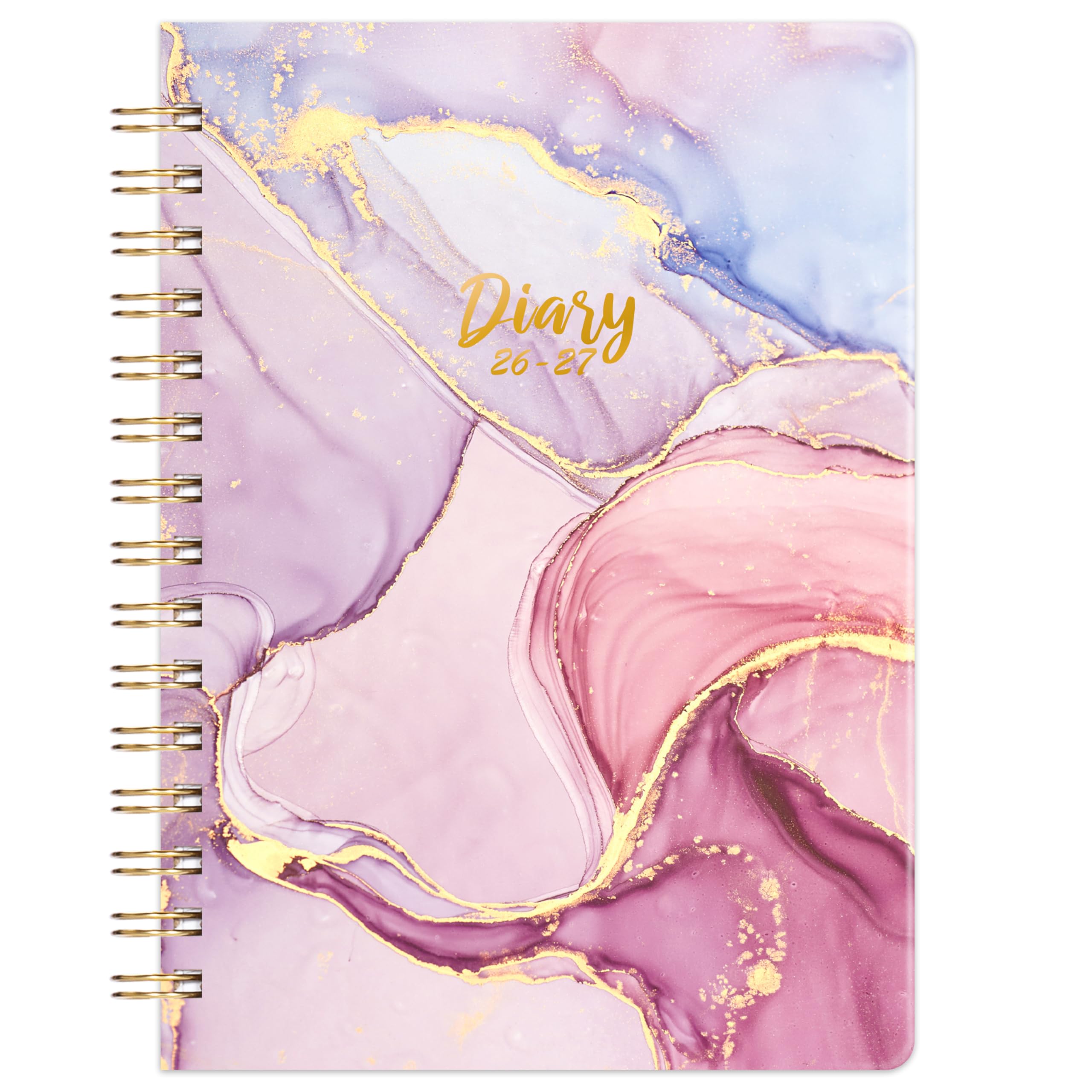 2026-2027 Academic Diary - A5 Diary Week to View from August 2026 to July 2027, Pink and Gold, Twin-wire Binding, Hardcover, Elastic Closure, 21.5 x 15.5 x 1.5 cm