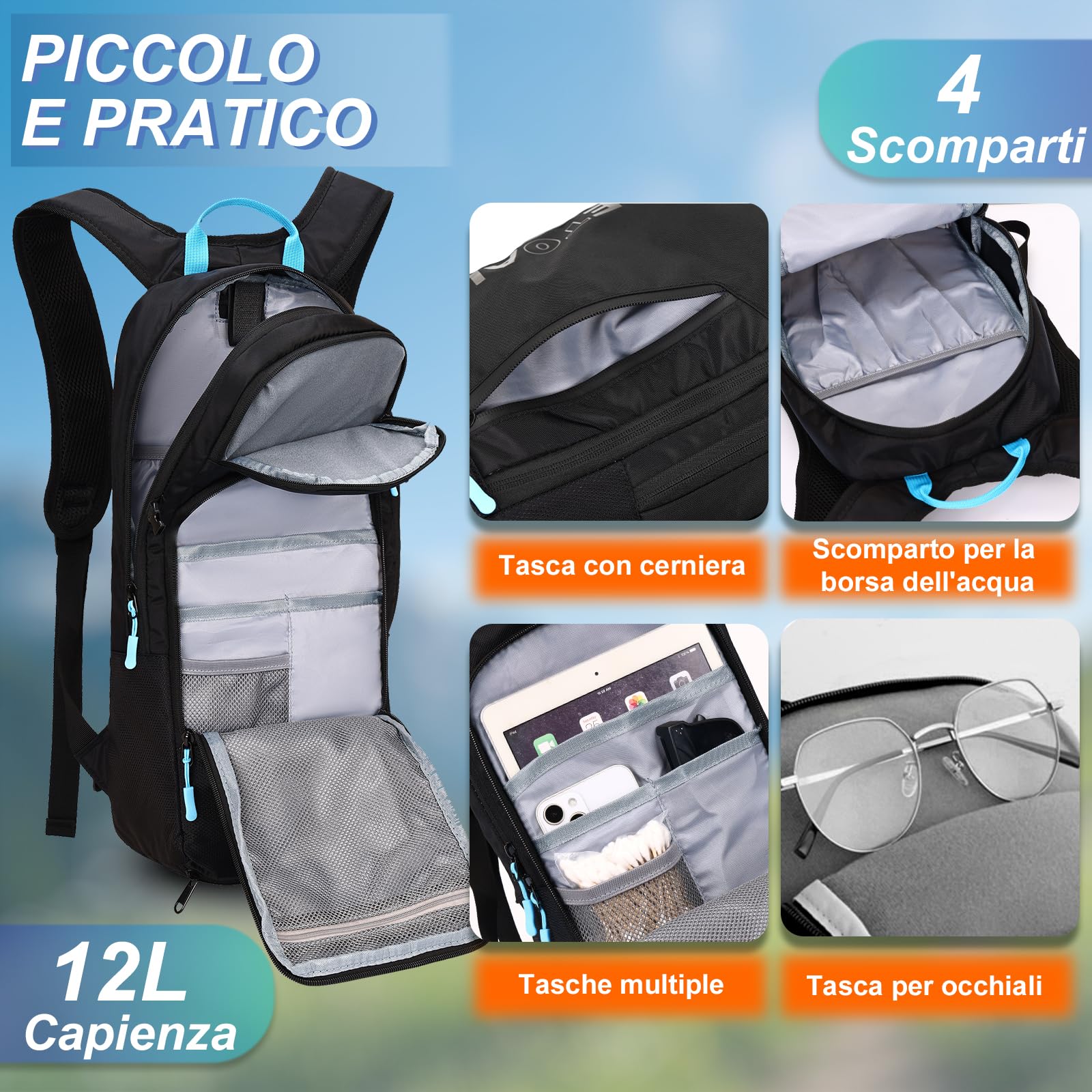 LOCAL LION Zaino MTB, Zaino Bicicletta 6L/12L, Zaini Ciclismo Enduro Leggero con Parapioggia Impermeabile e Copricasco, Zainetti per Idratazione Sciare Moto Running Mountain Bike Unisex Uomo Donna
