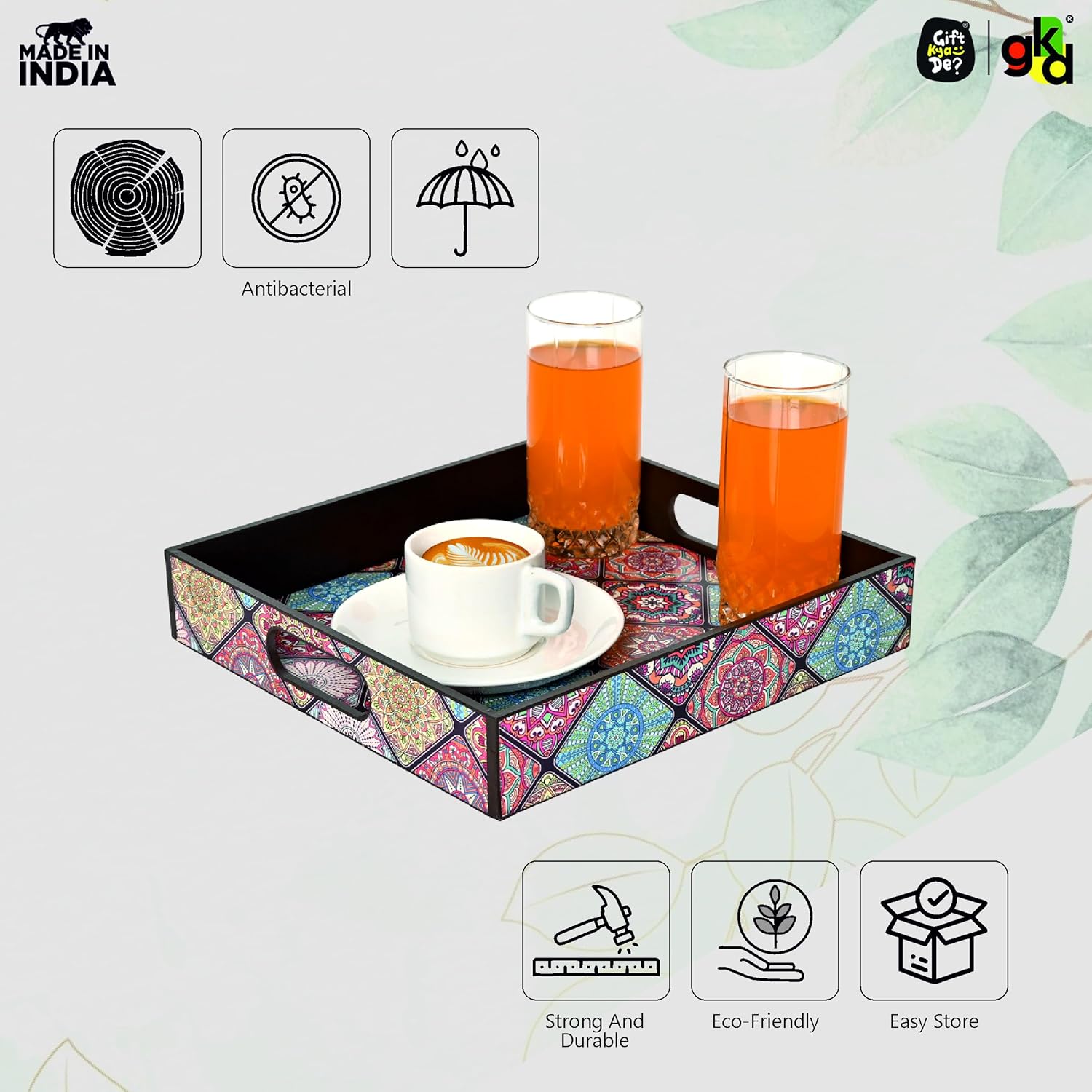 GKD Wooden Square Serving Tray – Vibrant Mandala Design – 11x11 Inch Tea, Coffee, Snack Tray – Decorative Tray for Home, Kitchen & Dining Table