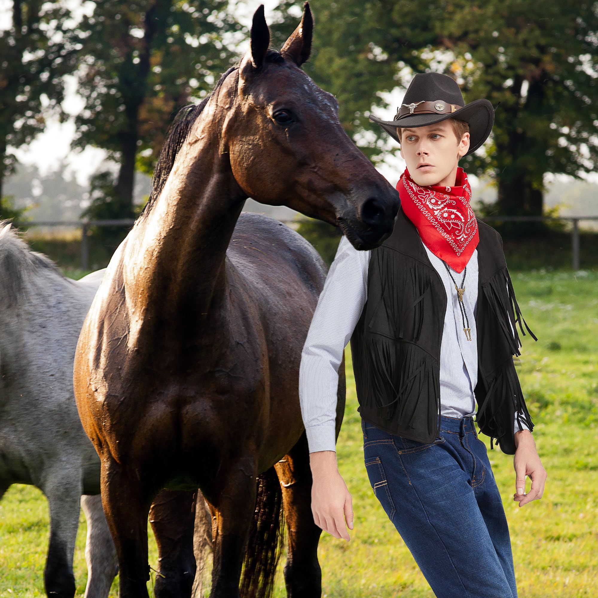 Déguisement Cowboy Cosplay Western Cowboy pour Hommes Gilet à Franges Chapeau Bandana Collier pour Carnaval Costume Hippie pour Adultes
