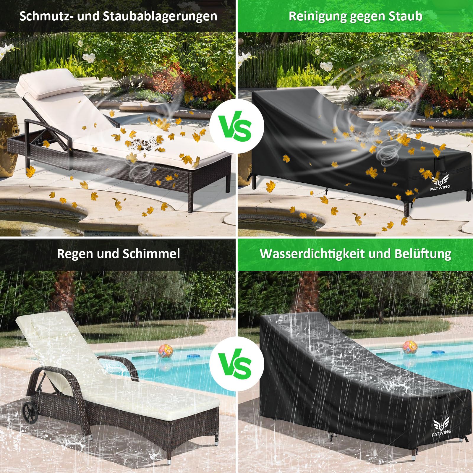 Housse de Chaise Longue de Jardin, Tissu Oxford 600D Housse pour Chaise Longue, Imperméable, Coupe-Vent, Résistant Aux UV de Jardin pour Chaise Longue (Noir, 200*70*40/75cm)
