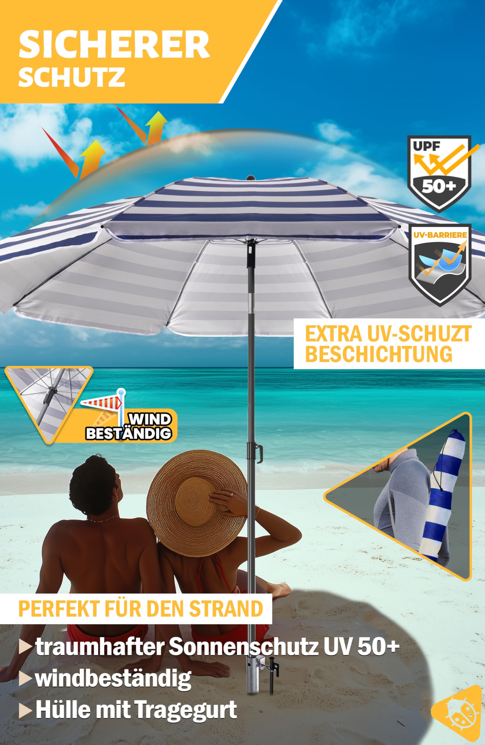Menz Sonnenschirm Strand in Blau-Weiß - 3er Set inkl. Strandschirm windfest stabil + Rasendorn Sonnenschirmhalter + Sonnenschirmhülle, Sonnenschirm mit Rasendorn, robuster Schirmspieß für Garten