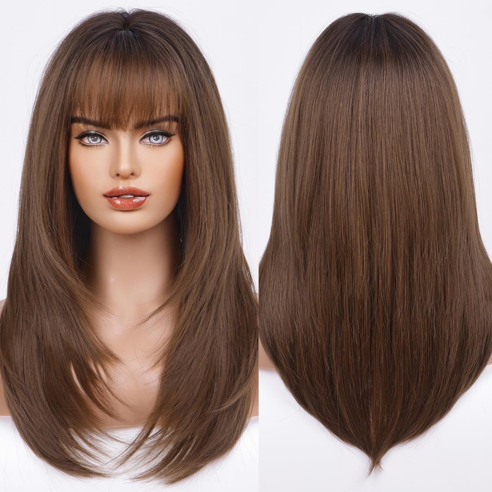 HAIRCUBE Dark Brown Synthetic Women's Wig Layered Wigs with Bangs Middle length Straight and Heat Resistant, 21.5 Inch- 22.15 Inch