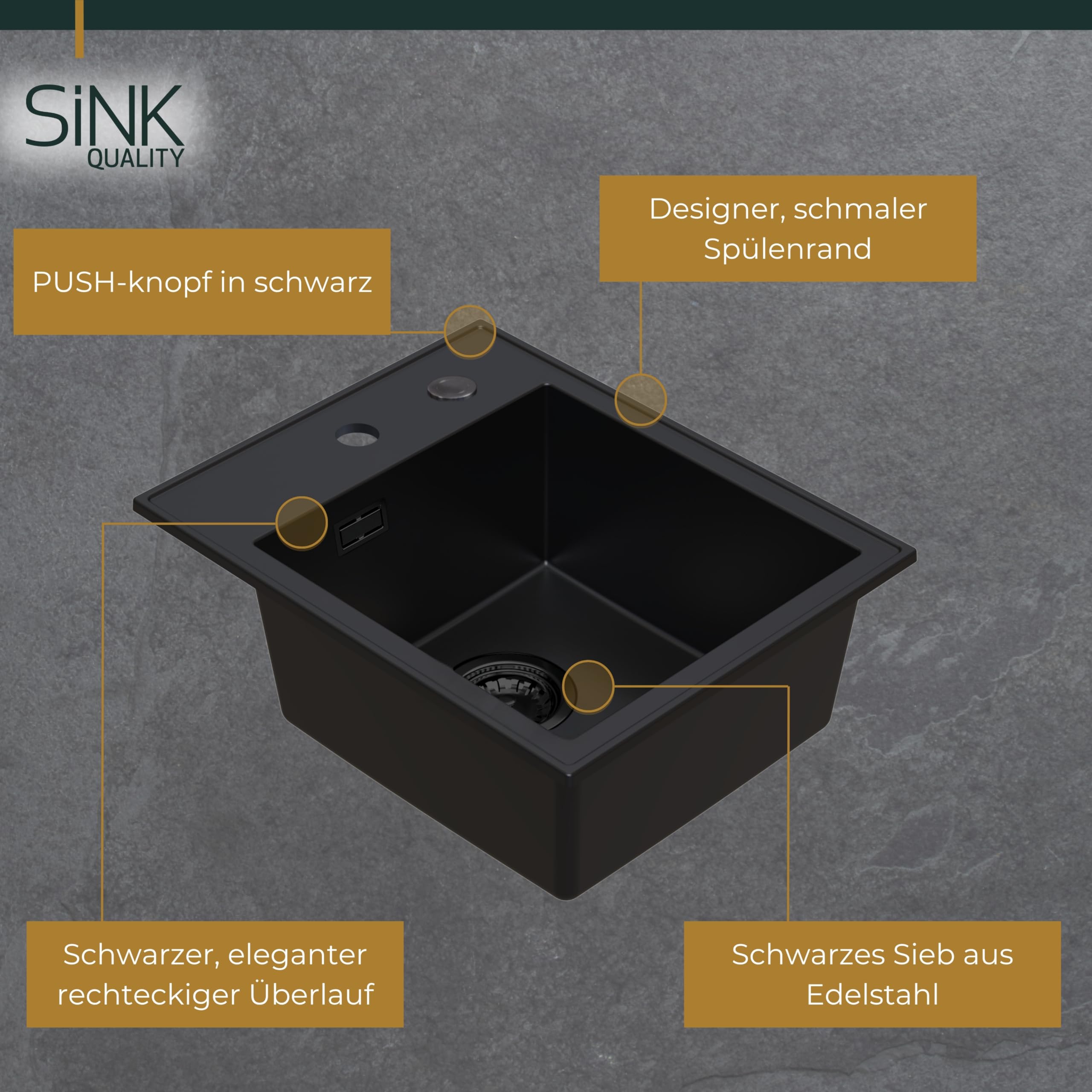 SINK QUALITY Spülbecken Alles Schwarz Set mit Armatur 40x50 cm - Granitspüle Set mit Küchenarmatur, Siphon Schwarz und Imprägnierung - Spüle ohne Abtropffläche für Unterschränke ab 40 cm Breite
