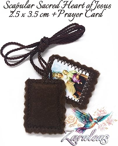 Vista 3 de Escapulario Católico de Lana Marrón Icono Rectangular Hecho a Mano Corazón Sagrado de Jesús con Nuestra Señora Monte Carmelo por Zaraleas