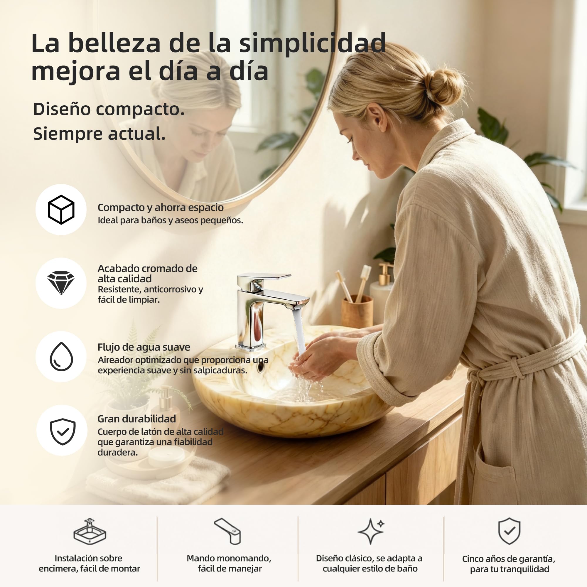 BELZ Grifo monomando de lavabo para baño, cartucho cerámico, instalación fácil, ahorro de agua y energía, diseño moderno