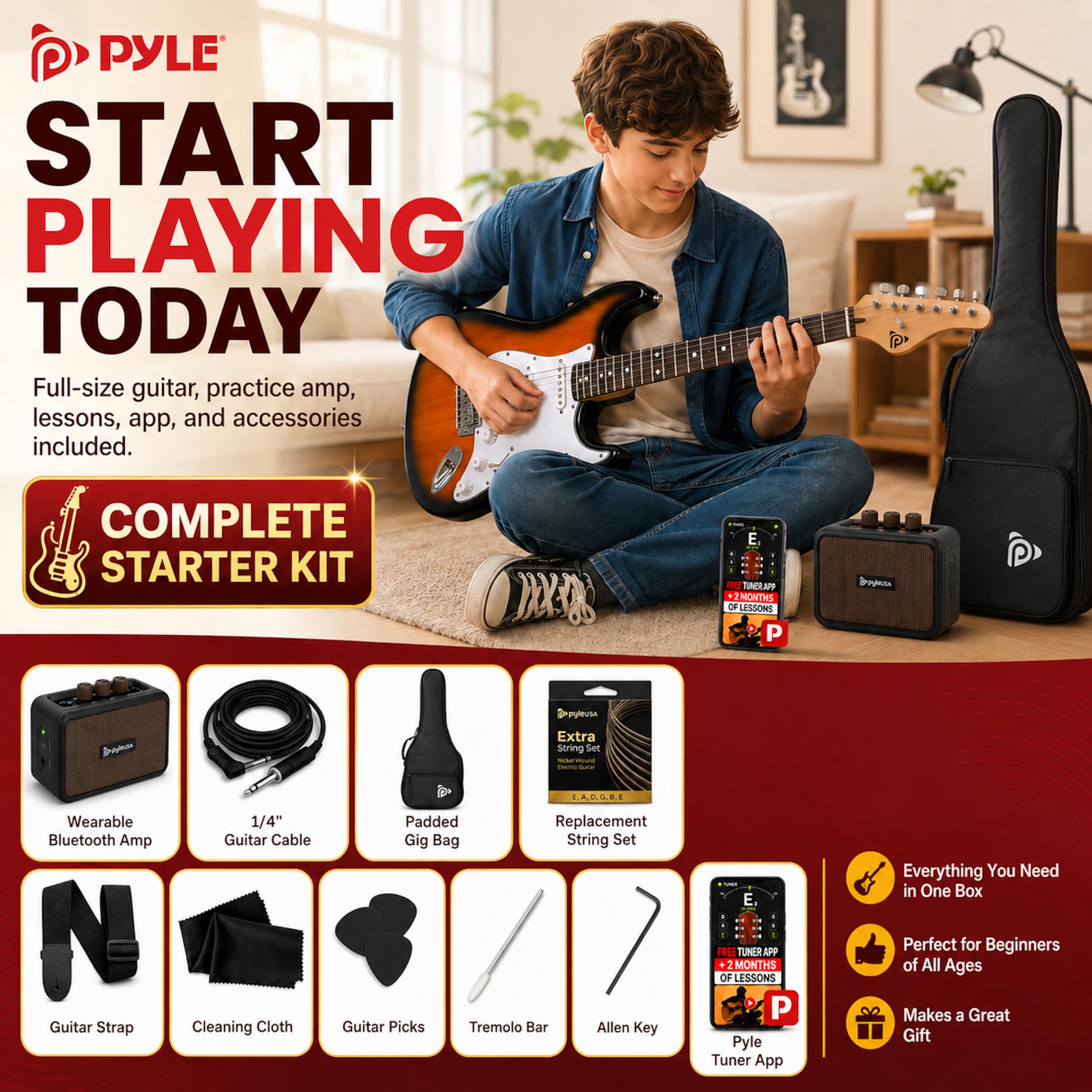Pyle Guitare Électrique Taille Complète avec Ampli 5W – Pack Débutant Style ST, 22 Frettes, Corps en Bois, Étui, Sangle, Médiators et Cordes de Rechange - Sun Burst