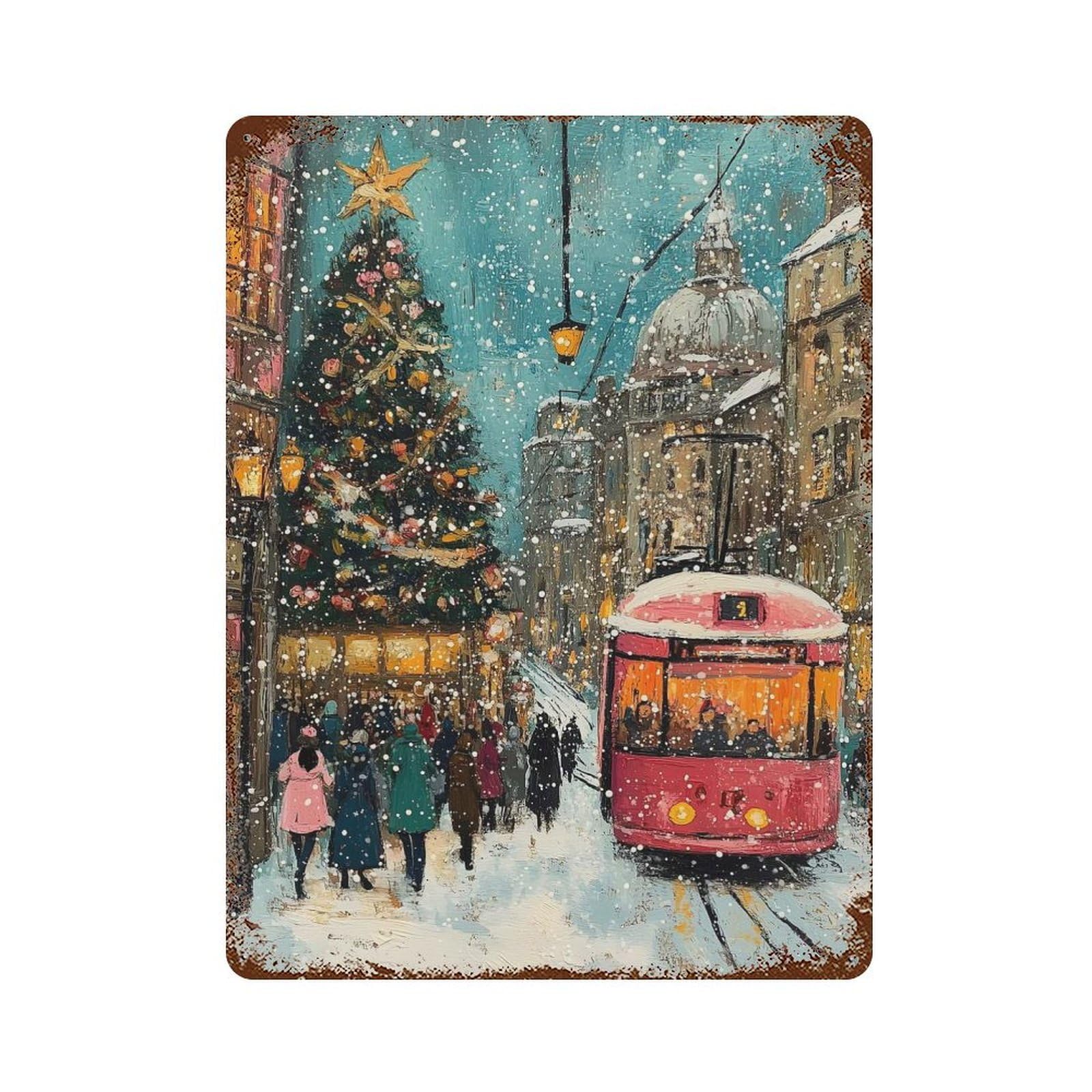 Snowy Christmas Street Scene Vintage Wall Sign 15.7"x11.8", Rust Effect Metal Decor for Farmhouse, Kitchen And Entryway Decor