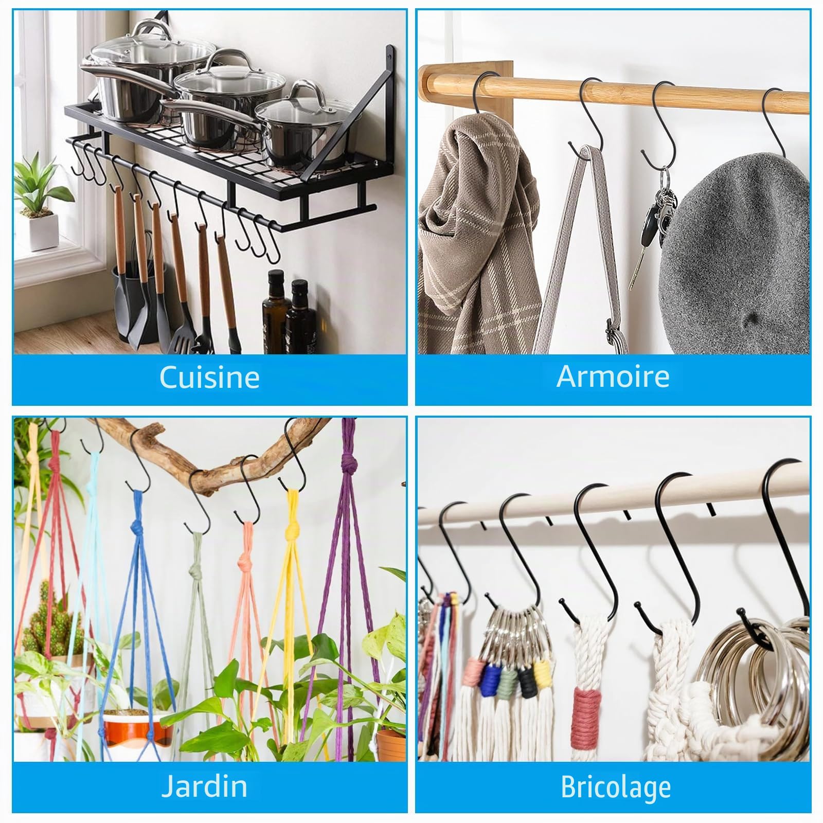 100 Crochets en S Noirs, Crochet S Métal Hanging pour Cuisine, Crochets d'Accrochage 9cm avec Bouts Sécurisés, Porte jusqu'à 5kg pour Placard, Salon, Salle de Bain