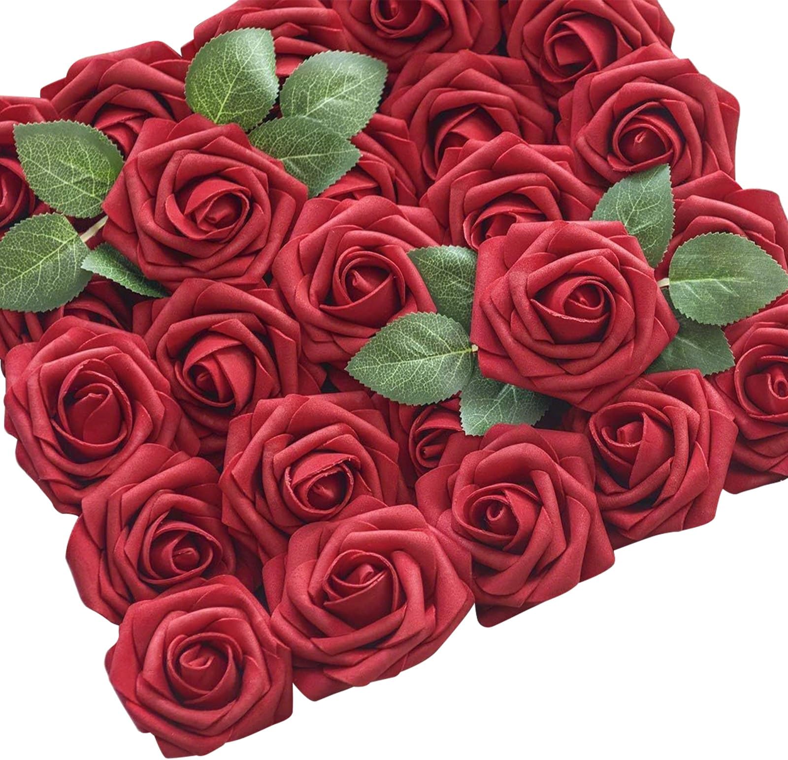 InteDesign 25PCS Artificial Rose Flowers with Stems for Wedding Decorations Fake Roses Flowers, Bridesmaid Bridal Bouquets Table Centrepiece and Wedding Car Decorations (Red)