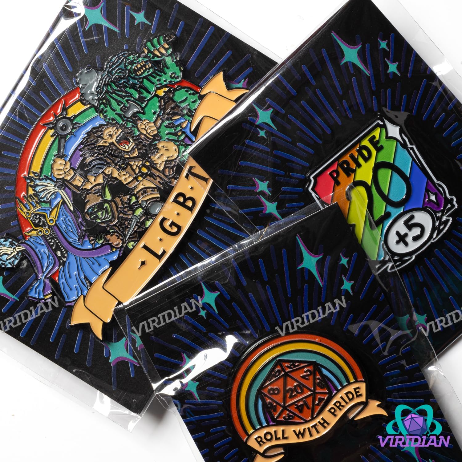 TTRPG/D&D Pride-Themed Enamel Pins (Set of 3), LGBT (Lich Goblin Bugbear Troll), Roll With Pride™ Rainbow, Rainbow Dnd Stat Block, Soft Enamel, 1.4-3.25 Inch Sizes, Metal