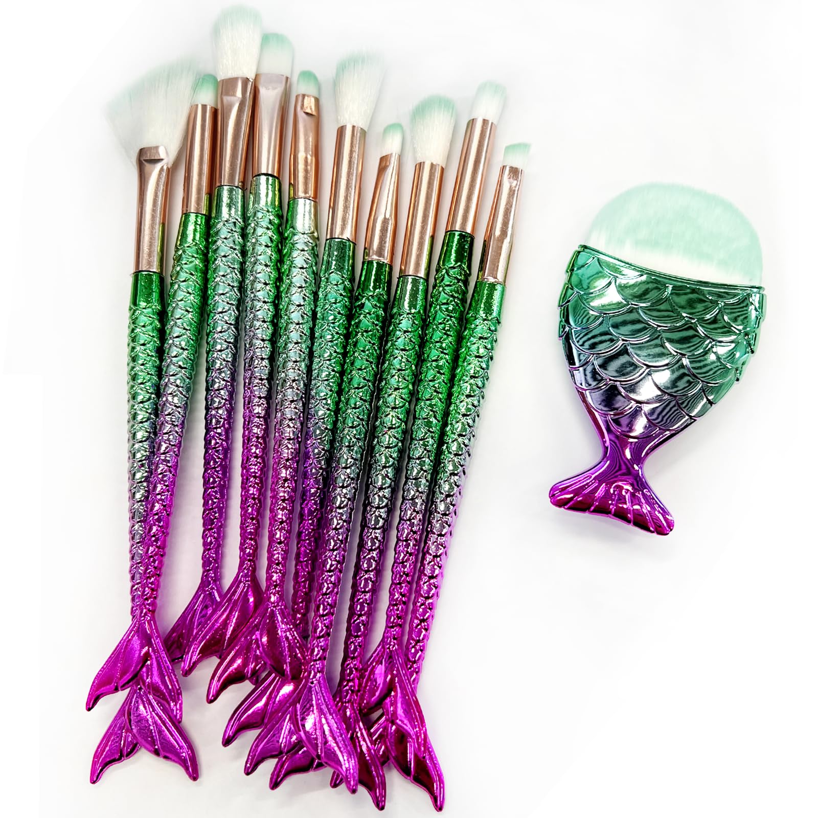 Makeup Brushes Set for Girls, with Colorful Fish Tail Handles - Set of 11pcs, for Eyebrow, Foundation, Blush, Eyeliner and Concealer Brushes