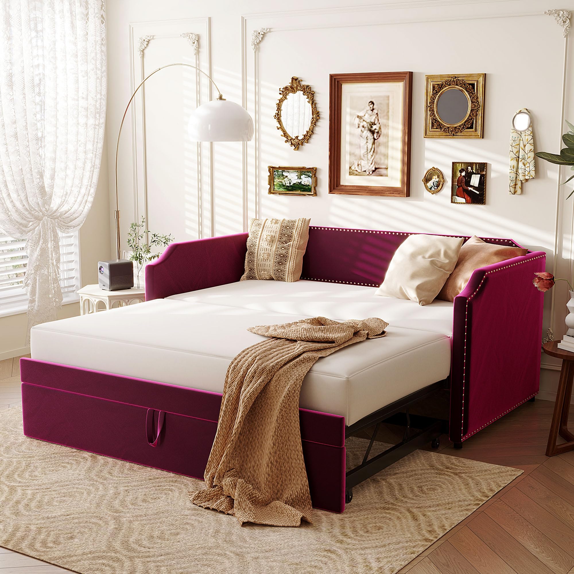 Photo 1 of ***PARTIAL SET - PRICE ADJUSTED*** Merax Modern Twin Size Upholstered Sofa Day Bed with Pop Up Trundle, Twin to King Extendable Dayed for Living Room Bedroom Guest Room Space Saving, Wine Red